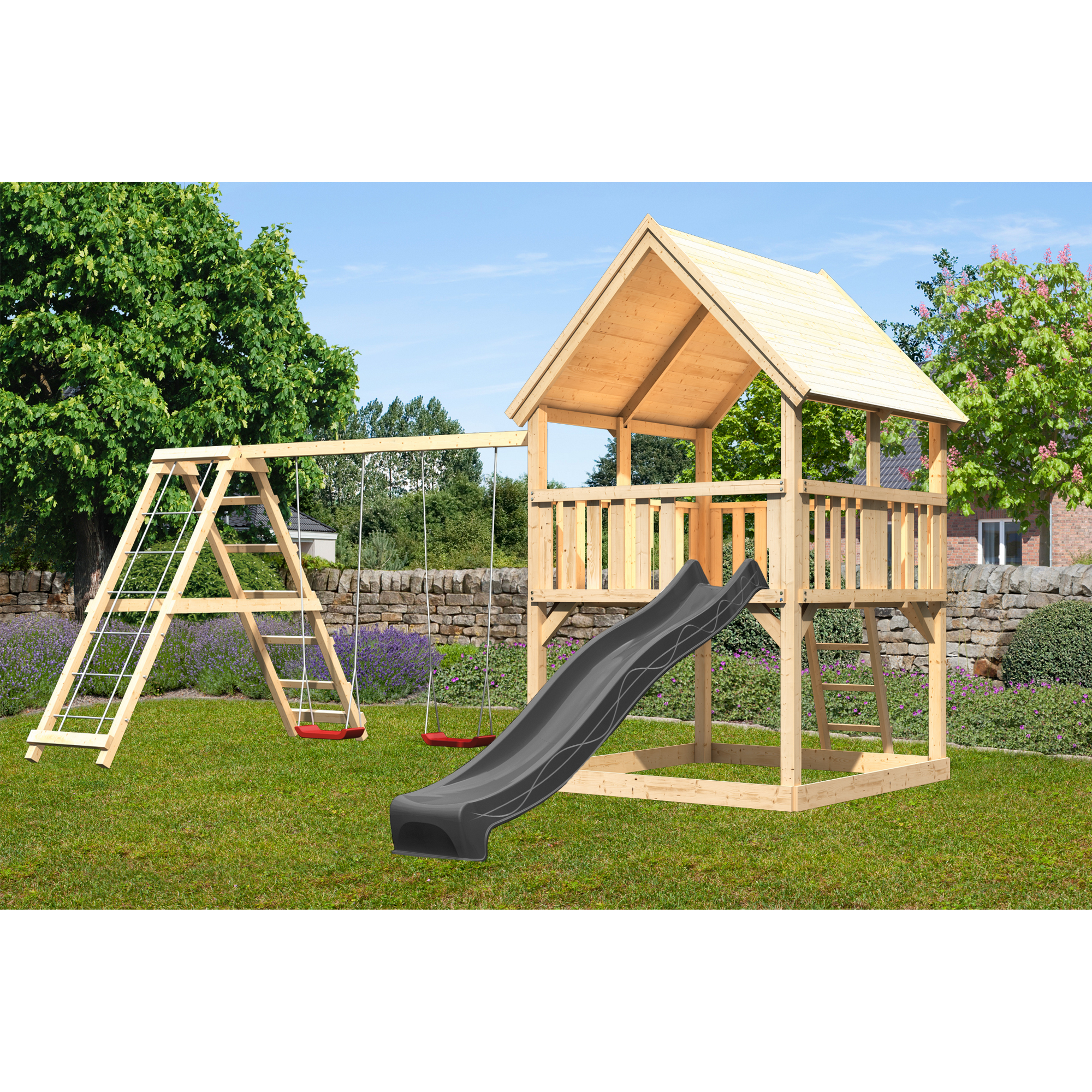 Karibu Spielturm 'Ida' naturbelassen mit Doppelschaukel, Rutsche anthrazit 508 x 394 x 345 cm
