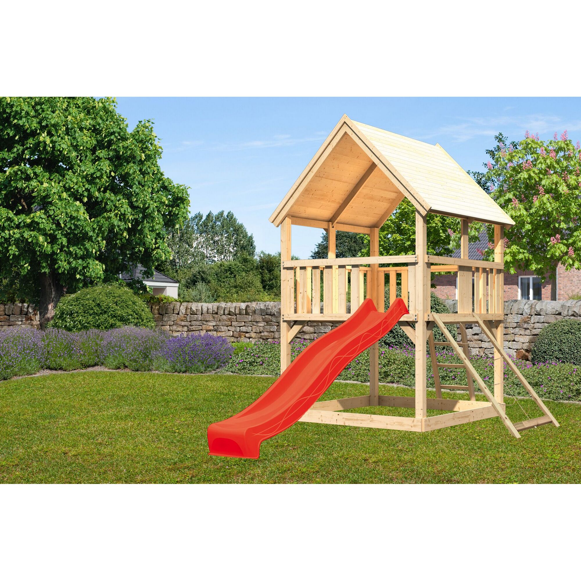 Karibu Spielturm 'Ida' naturbelassen mit Netzrampe, Rutsche rot 200 x 394 x 345 cm