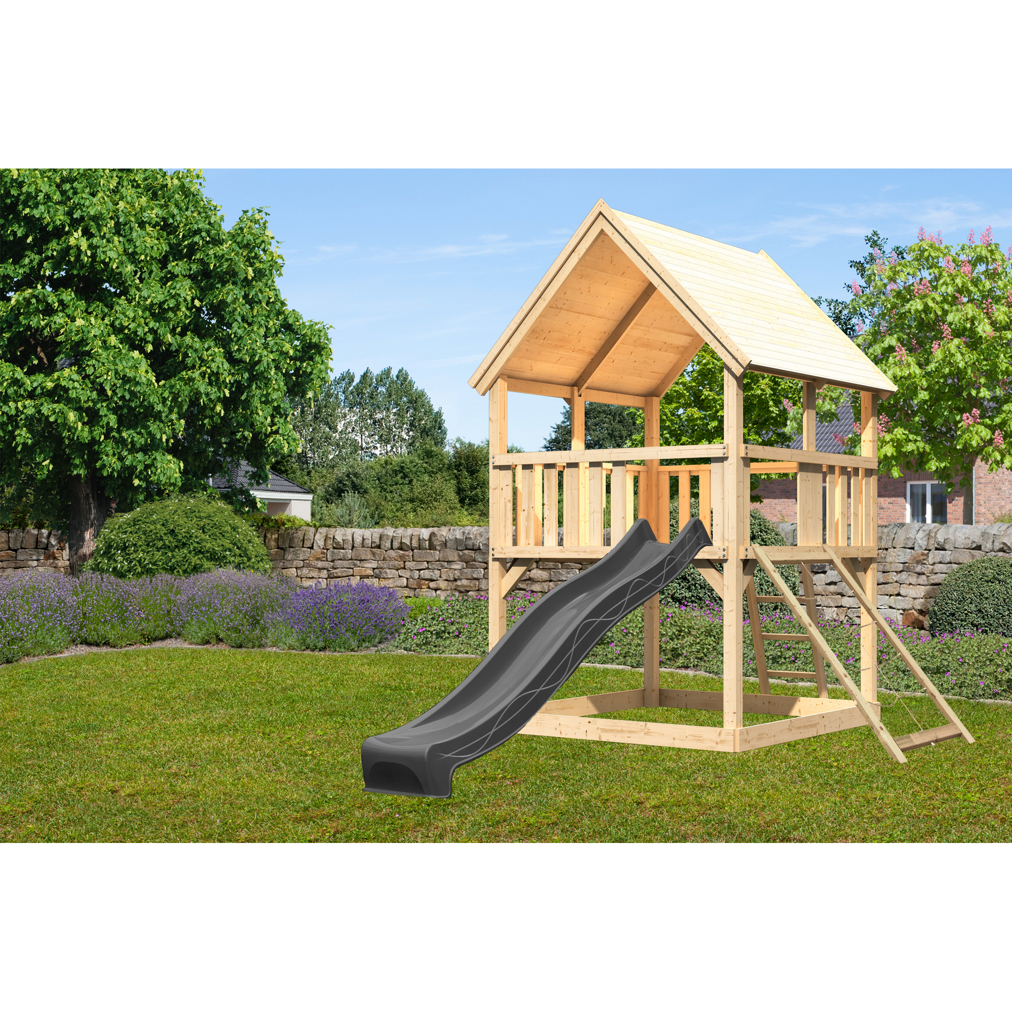 Karibu Spielturm 'Ida' naturbelassen mit Netzrampe, Rutsche anthrazit 200 x 394 x 345 cm