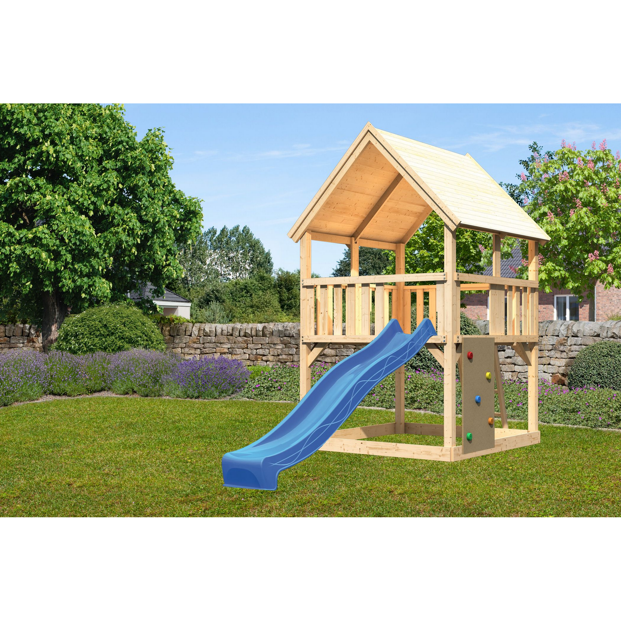 Karibu Spielturm 'Ida' naturbelassen mit Kletterwand, Rutsche blau 200 x 394 x 345 cm