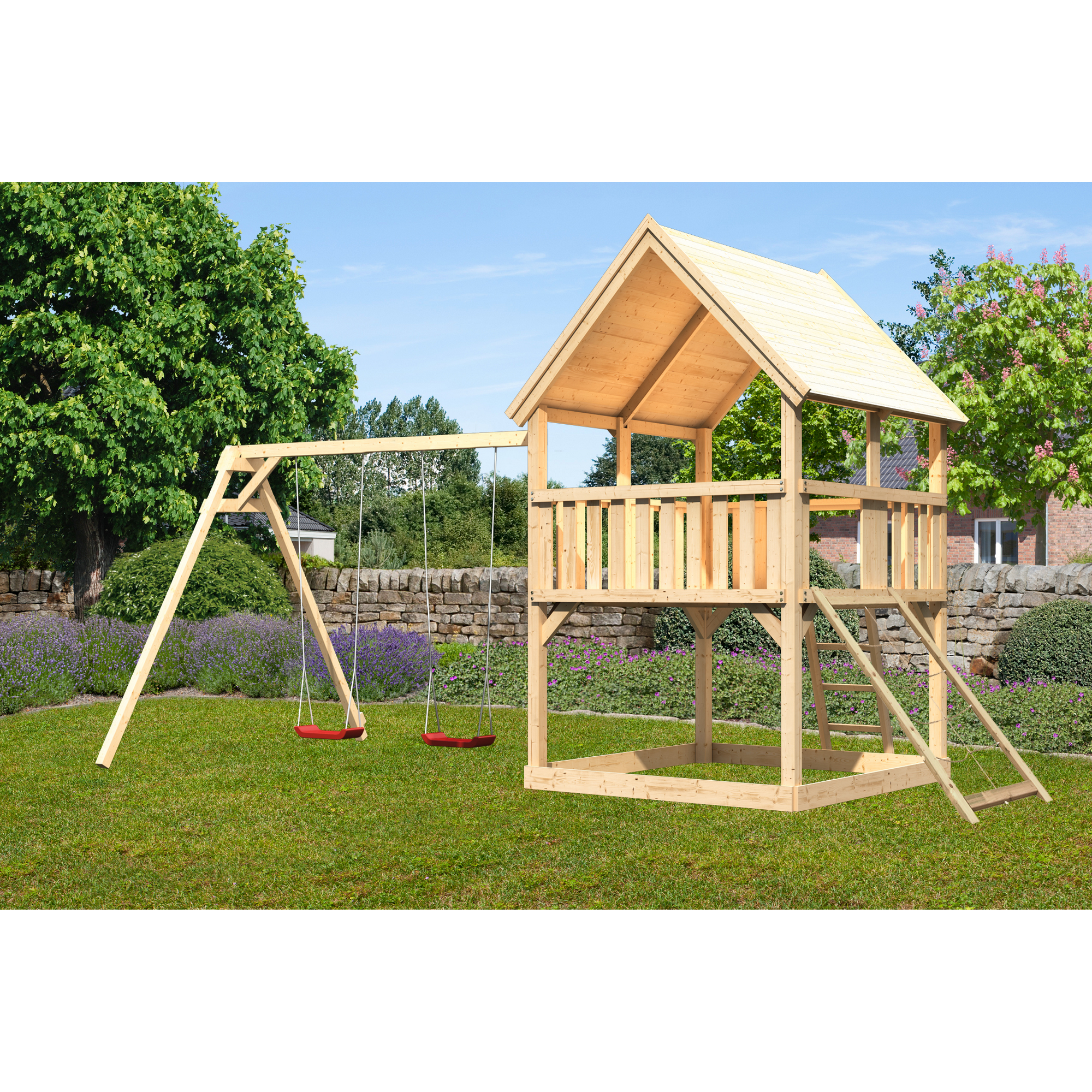 Karibu Spielturm 'Ida' naturbelassen mit Doppelschaukel, Netzrampe 440 x 264 x 345 cm