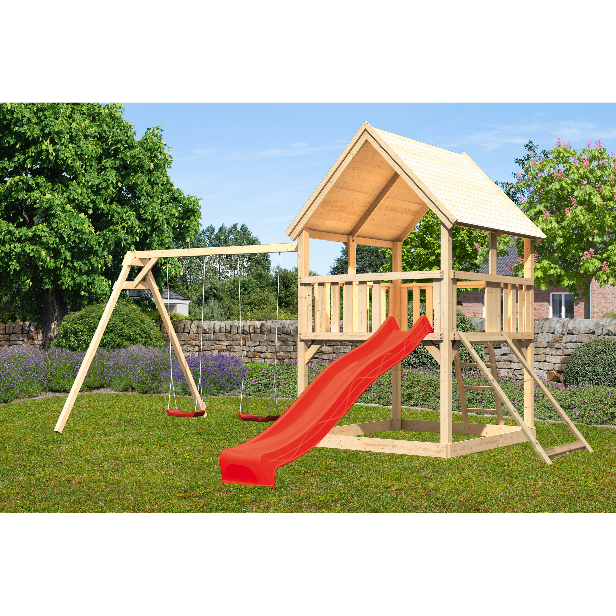 Karibu Spielturm 'Ida' naturbelassen Doppelschaukel, Rutsche rot 440 x 394 x 345 cm