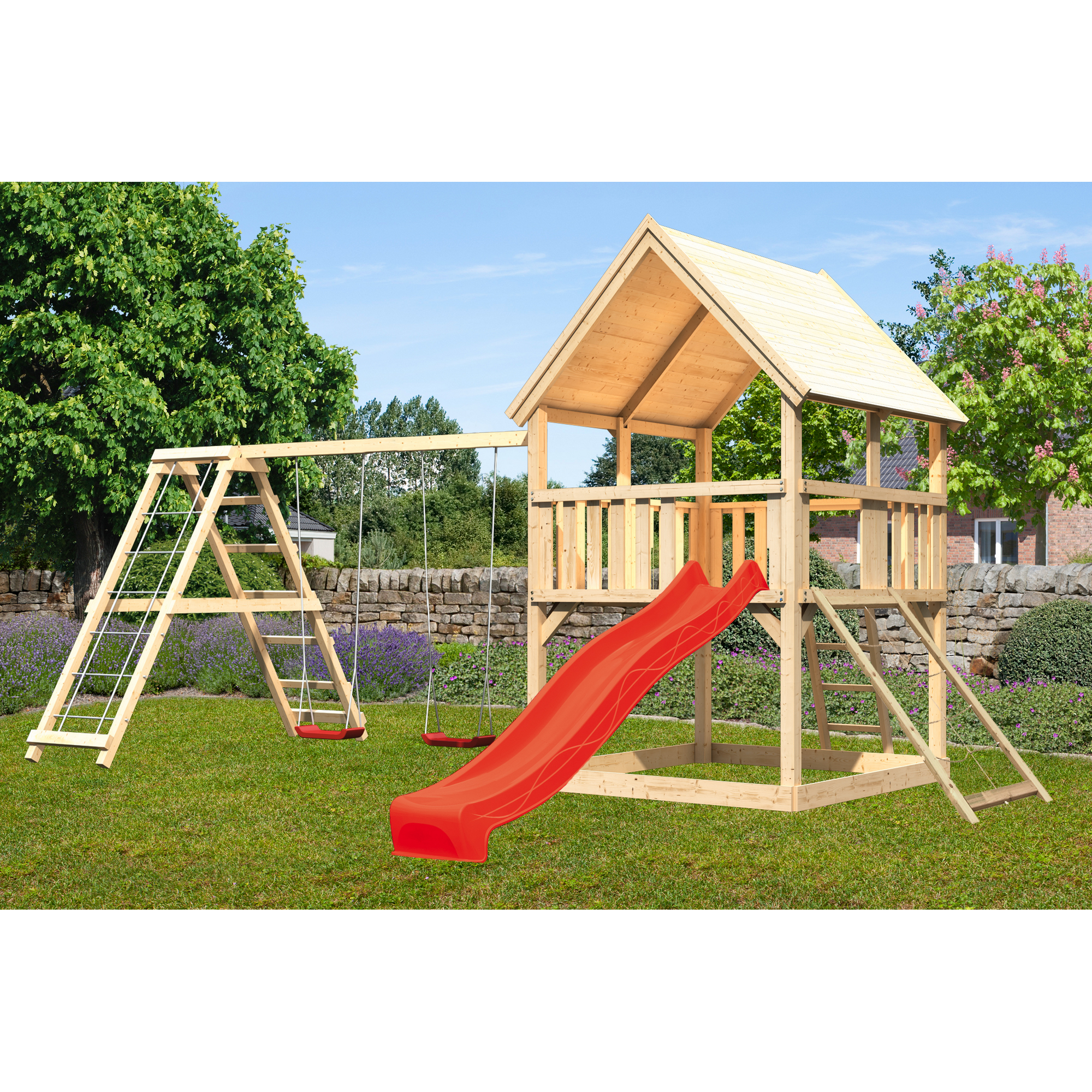 Karibu Spielturm 'Ida' naturbelassen mit Rutsche rot, Doppelschaukel 508 x 394 x 345 cm
