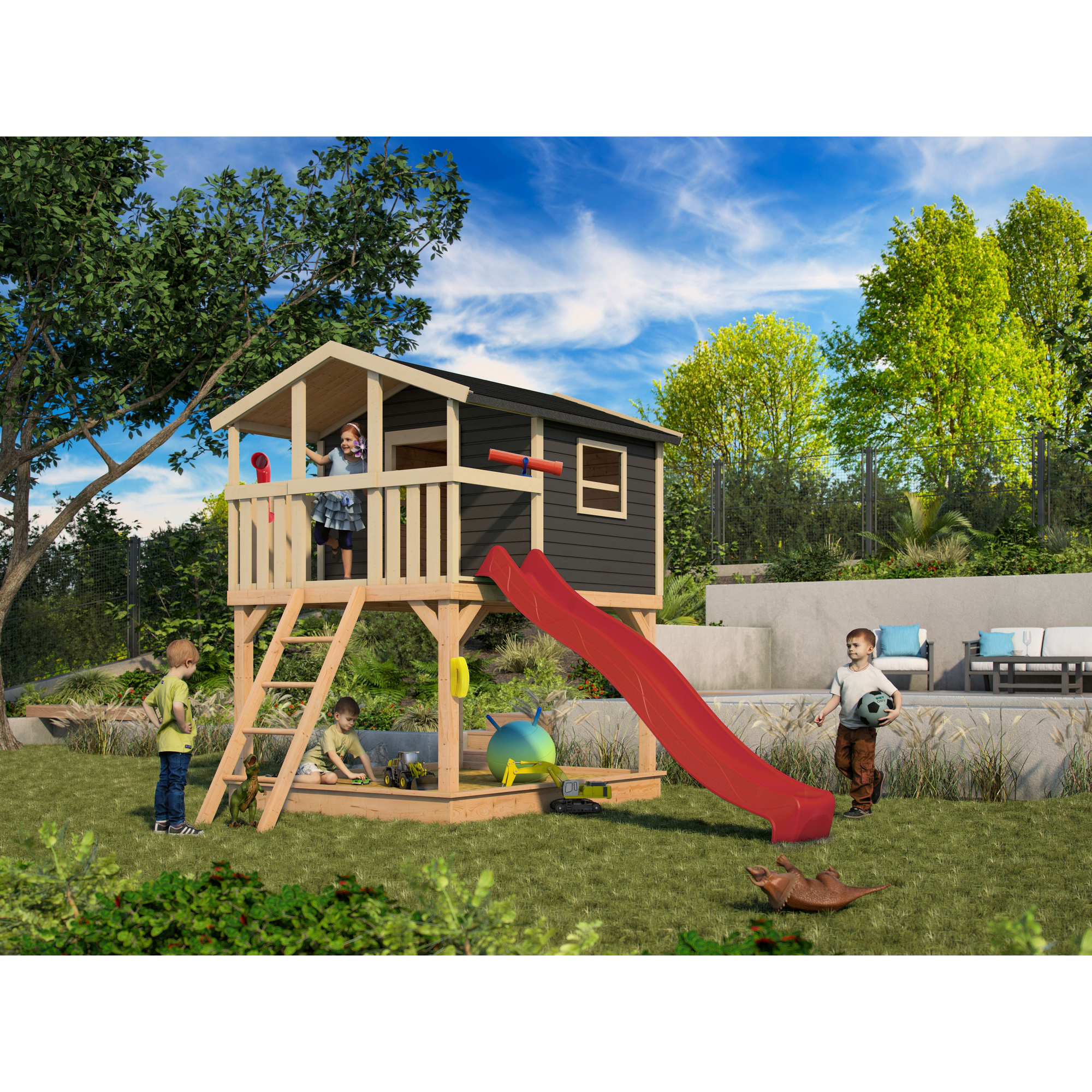 Karibu Stelzenhaus 'Ciana' terragrau mit Rutsche rot 440 x 244 x 309 cm