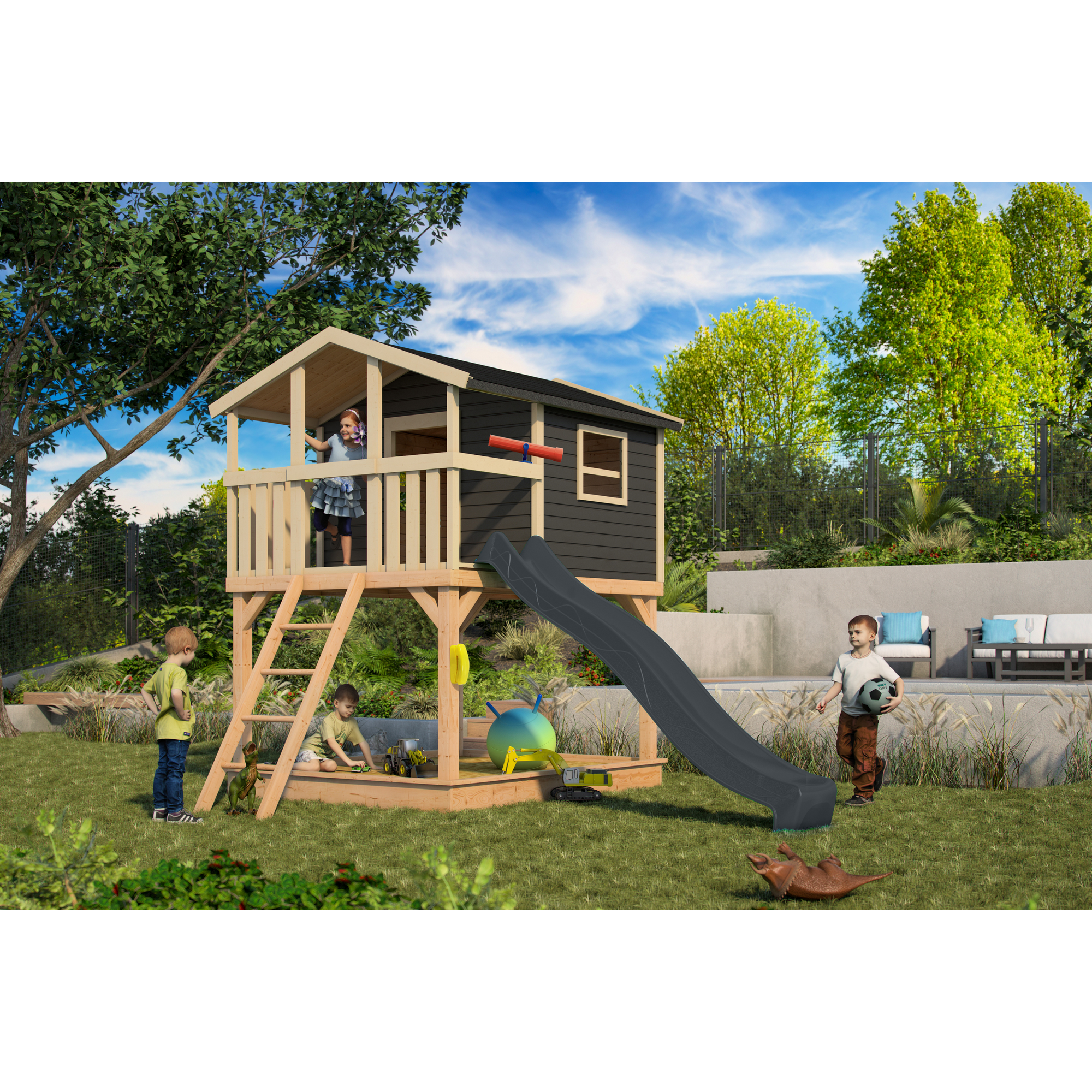 Karibu Stelzenhaus 'Ciana' terragrau mit Rutsche anthrazit 440 x 244 x 309 cm