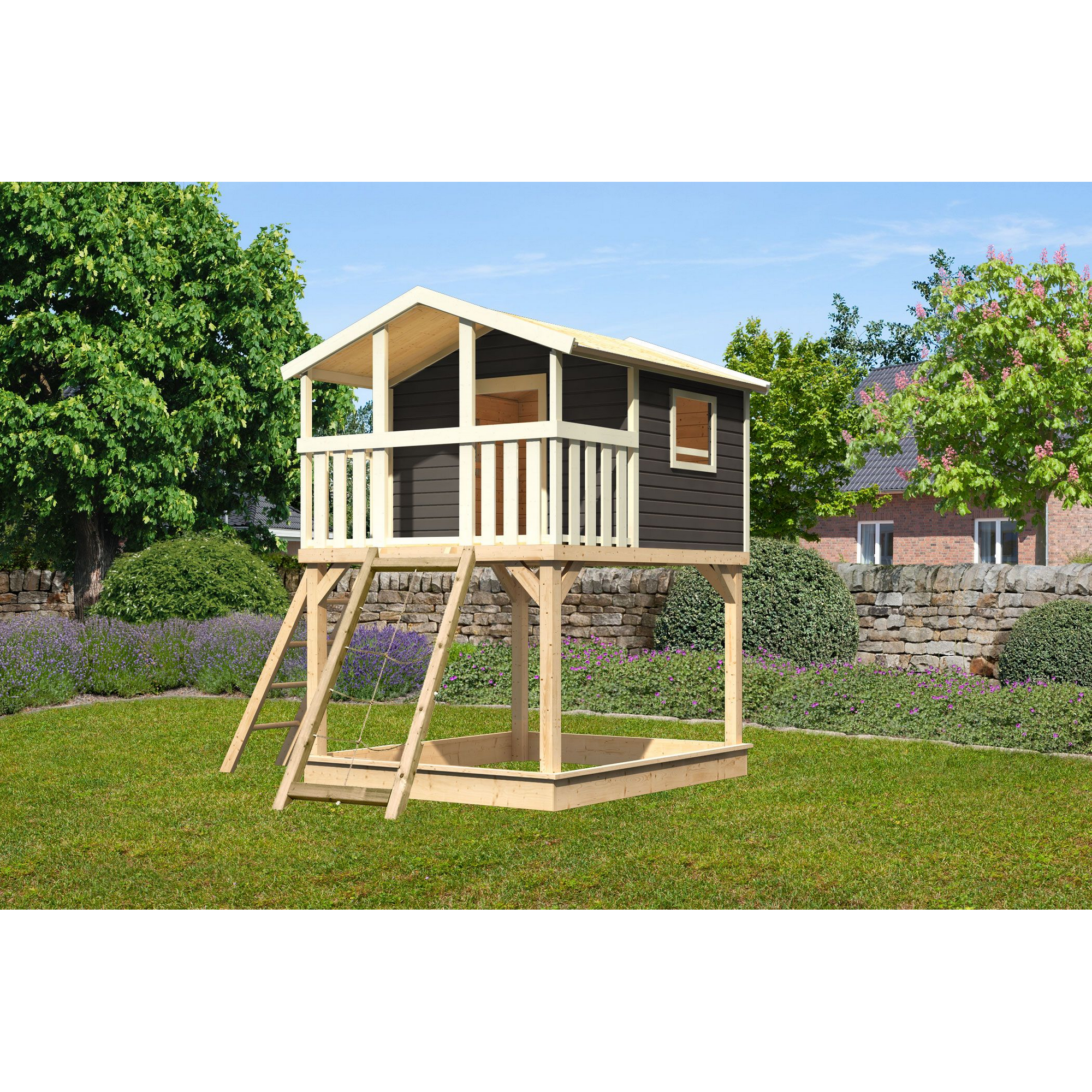 Karibu Stelzenhaus 'Ciana' terragrau mit Netzrampe 198 x 244 x 309 cm