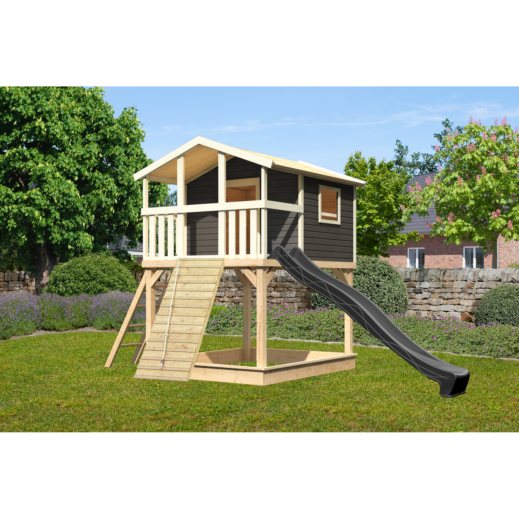 Karibu Stelzenhaus 'Ciana' terragrau mit Holzrampe, Rutsche anthrazit 440 x 244 x 309 cm