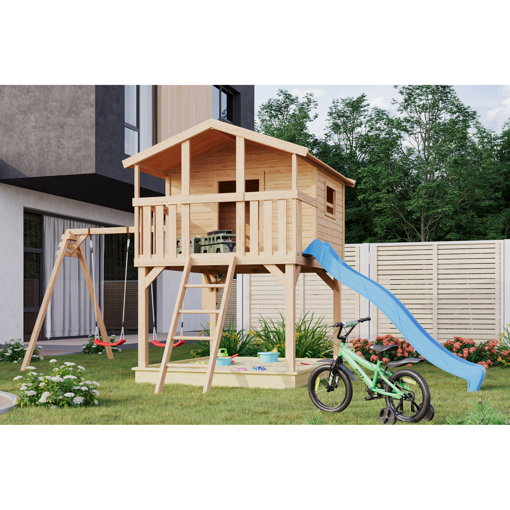 Karibu Stelzenhaus 'Ciana' naturbelassen mit Doppelschaukel, Rutsche blau 680 x 264 x 309 cm