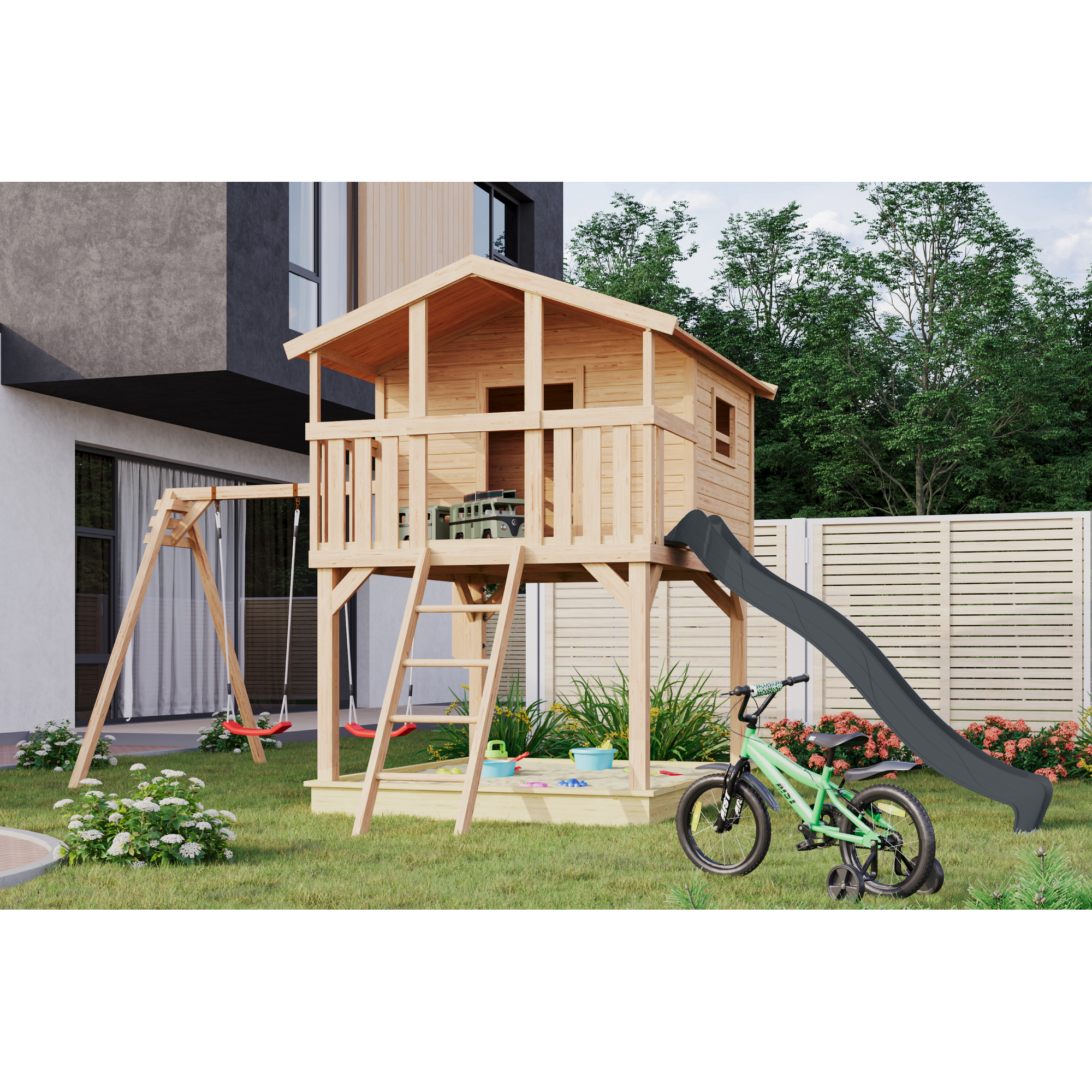 Karibu Stelzenhaus 'Ciana' naturbelassen mit Doppelschaukel, Rutsche anthrazit 680 x 264 x 309 cm