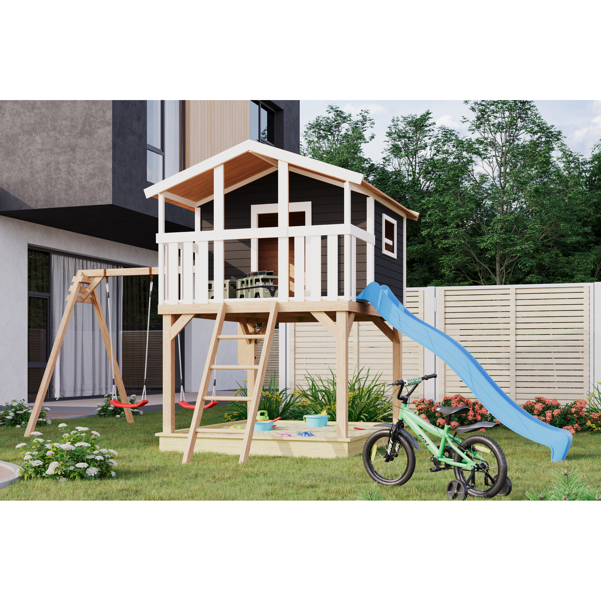 Karibu Stelzenhaus 'Ciana' terragrau mit Doppelschaukel, Rutsche blau 680 x 264 x 309 cm