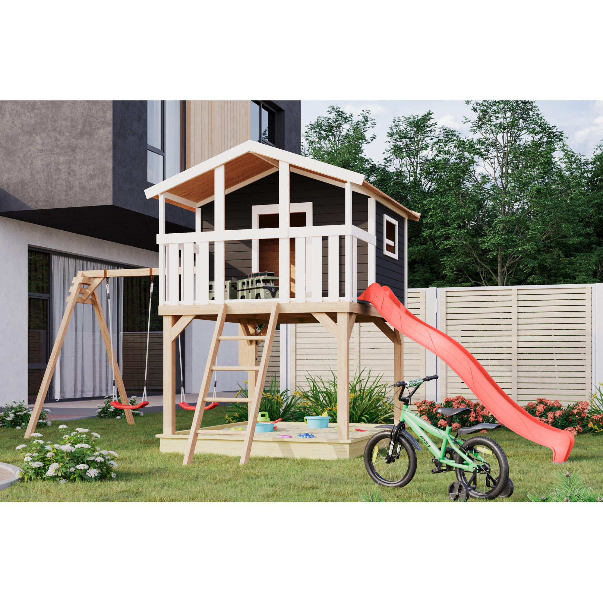 Karibu Stelzenhaus 'Ciana' terragrau mit Doppelschaukel, Rutsche rot 680 x 264 x 309 cm