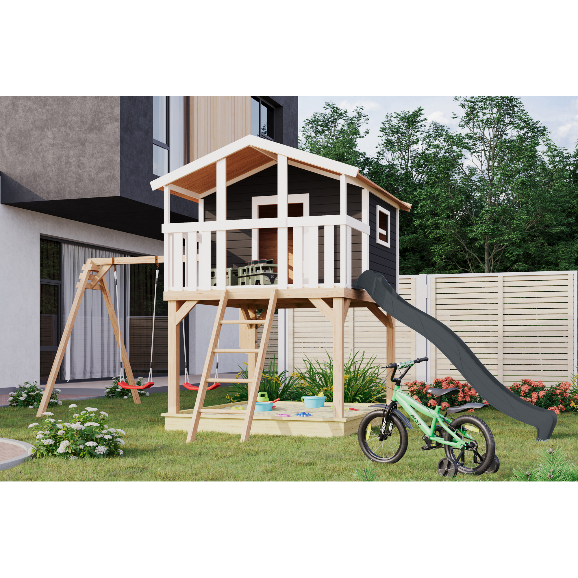 Karibu Stelzenhaus 'Ciana' terragrau mit Doppelschaukel, Rutsche anthrazit 680 x 264 x 309 cm