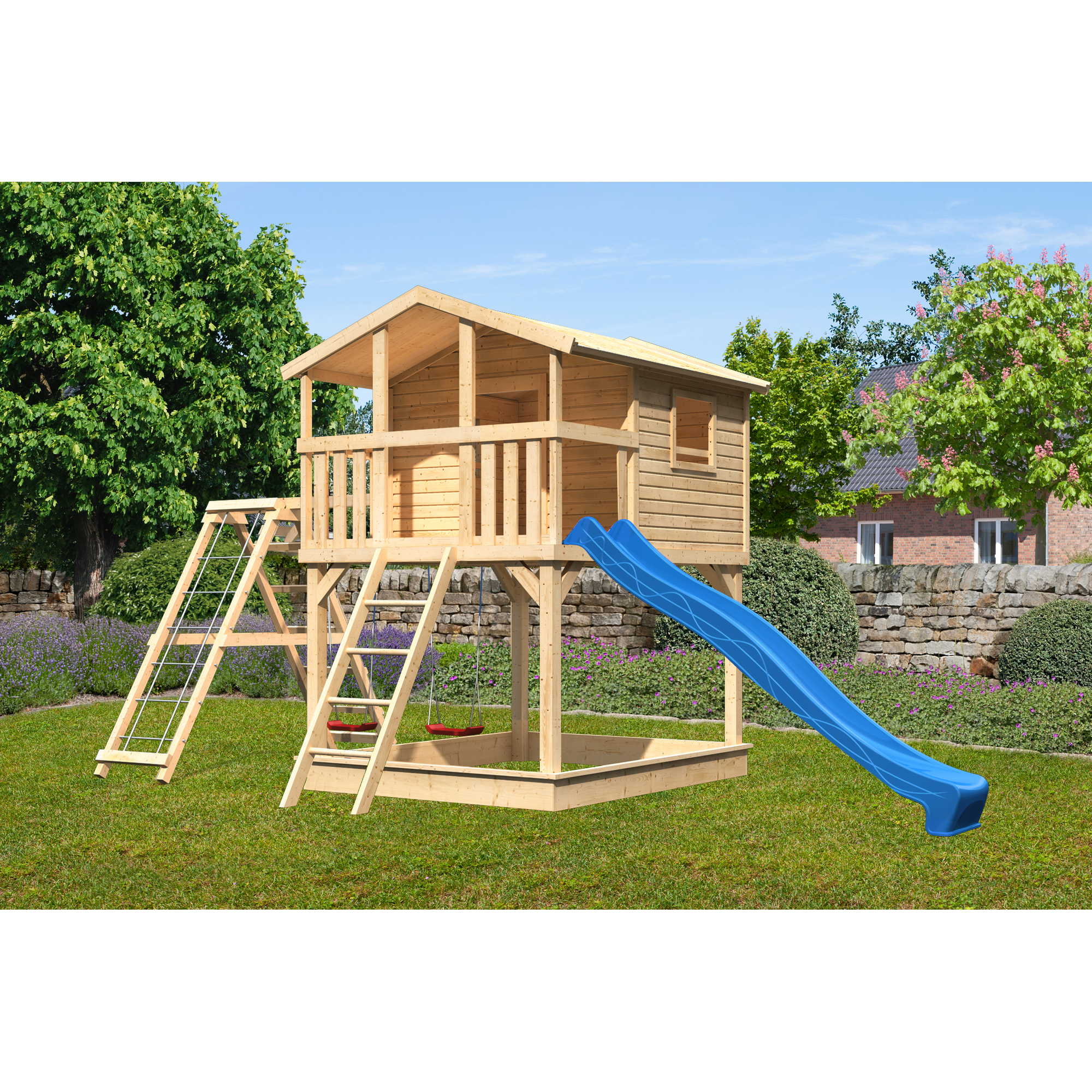 Karibu Stelzenhaus 'Ciana' naturbelassen mit Doppelschaukel, Wellenrutsche blau 748 x 264 x 309 cm