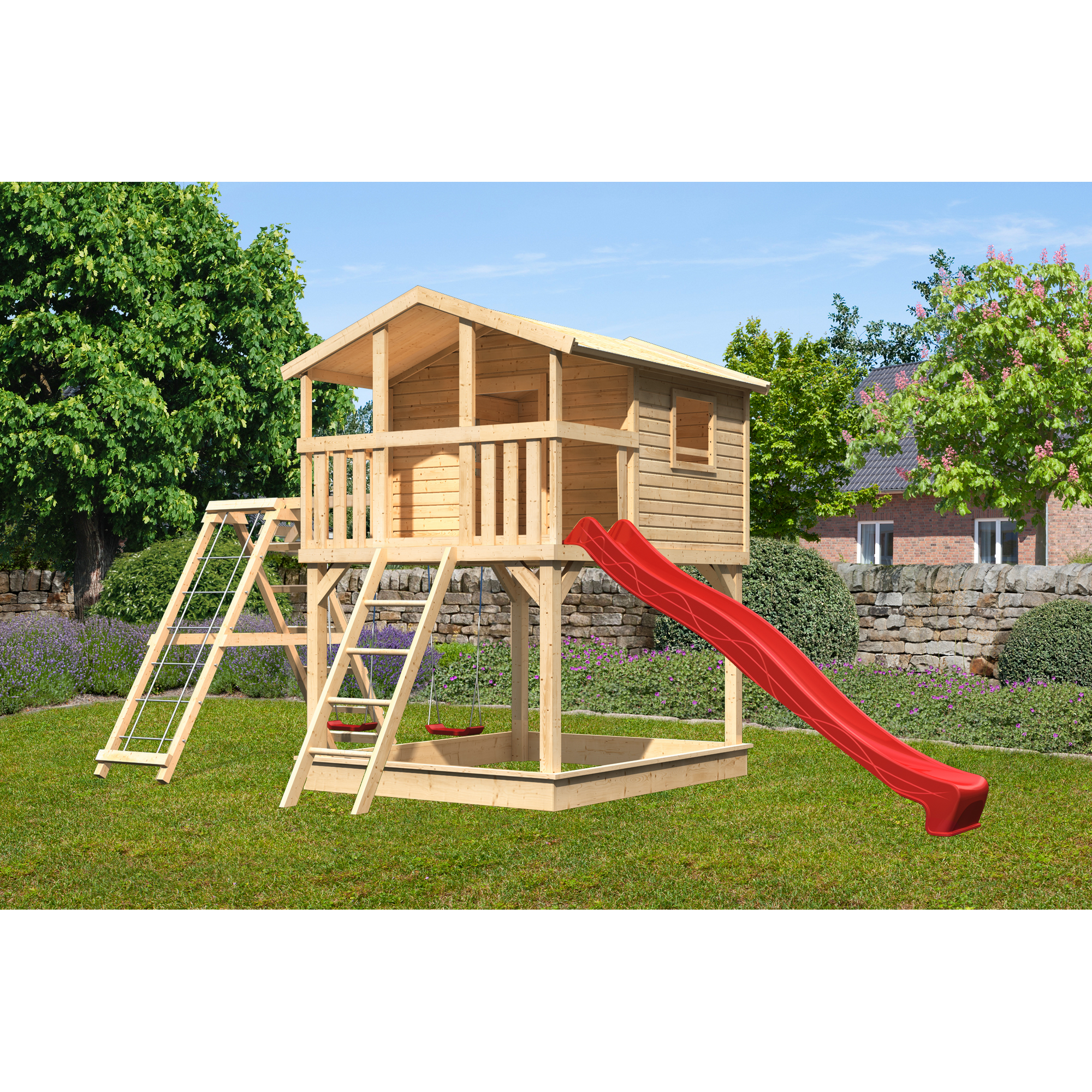 Karibu Stelzenhaus 'Ciana' naturbelassen mit Doppelschaukel, Wellenrutsche rot 748 x 264 x 309 cm