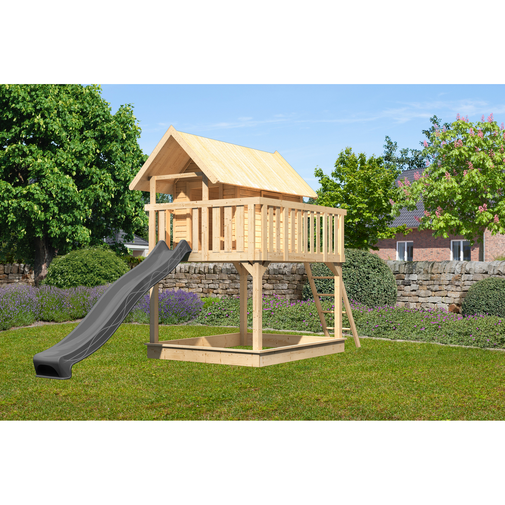 Karibu Stelzenhaus 'Karlie' naturbelassen mit Rutsche anthrazit 198 x 485 x 329,5 cm