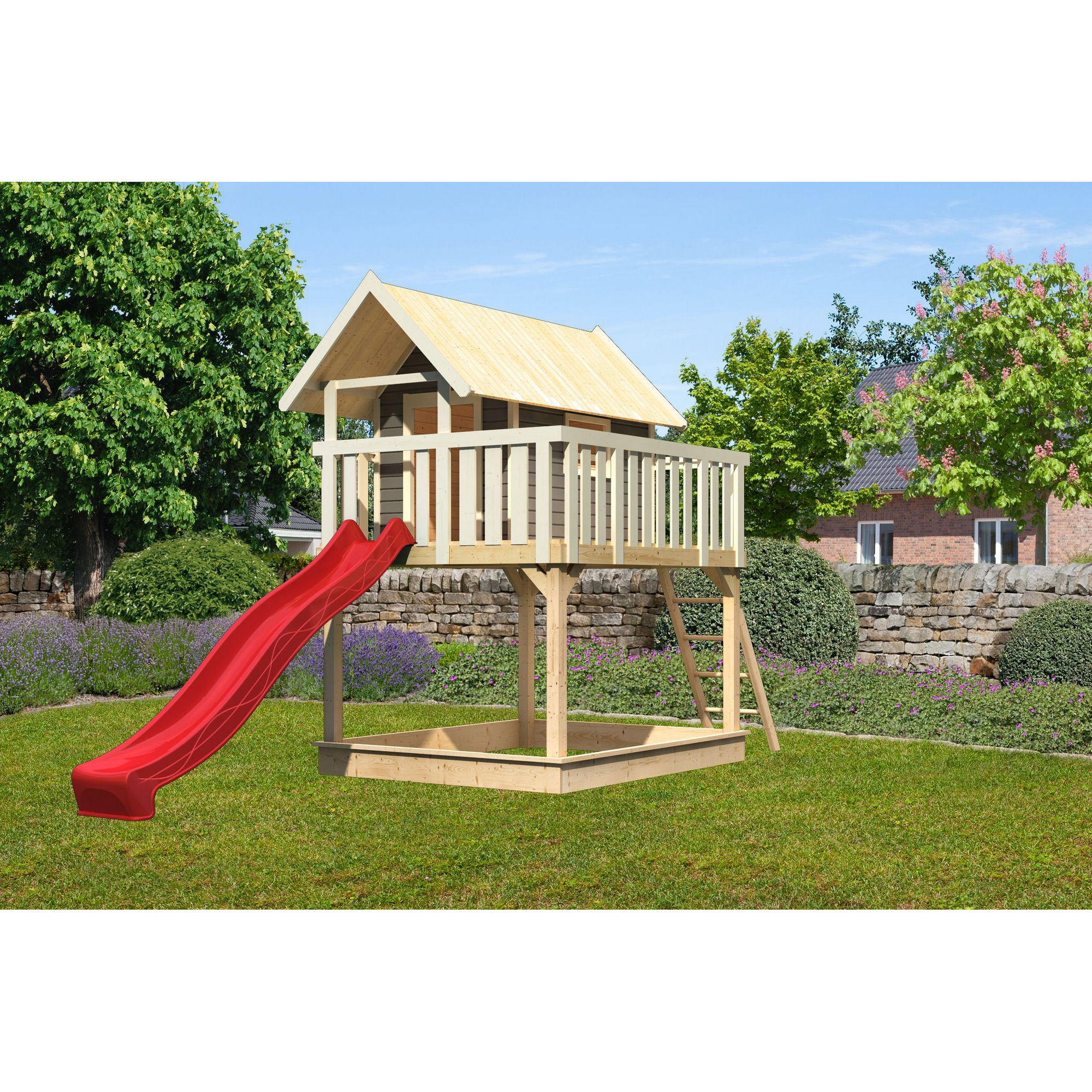 Karibu Stelzenhaus 'Karlie' terragrau mit Rutsche rot 198 x 485 x 329,5 cm