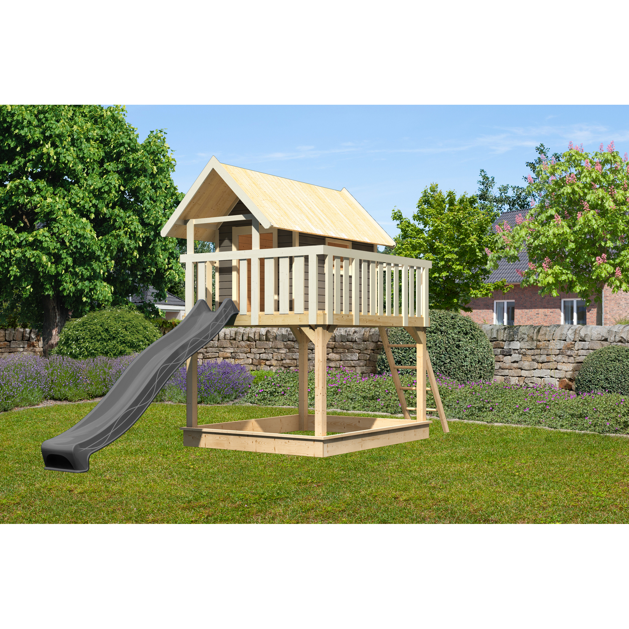 Karibu Stelzenhaus 'Karlie' terragrau mit Rutsche anthrazit 198 x 485 x 329,5 cm