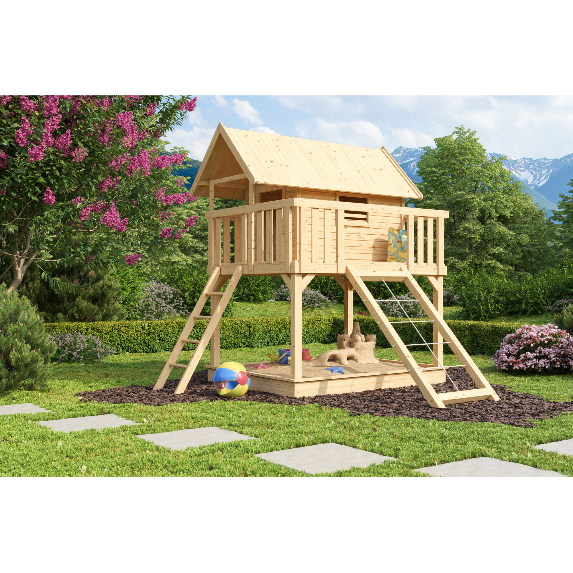 Karibu Stelzenhaus 'Karlie' naturbelassen mit Netzrampe 198 x 243 x 329,5 cm