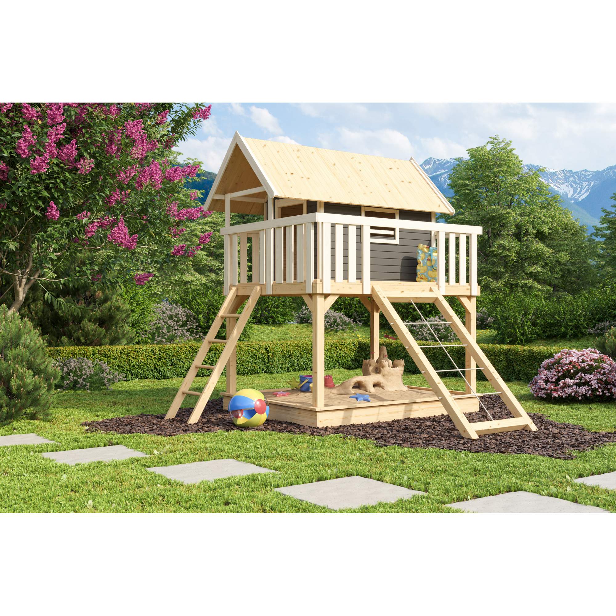 Karibu Stelzenhaus 'Karlie' terragrau mit Netzrampe 198 x 243 x 329,5 cm