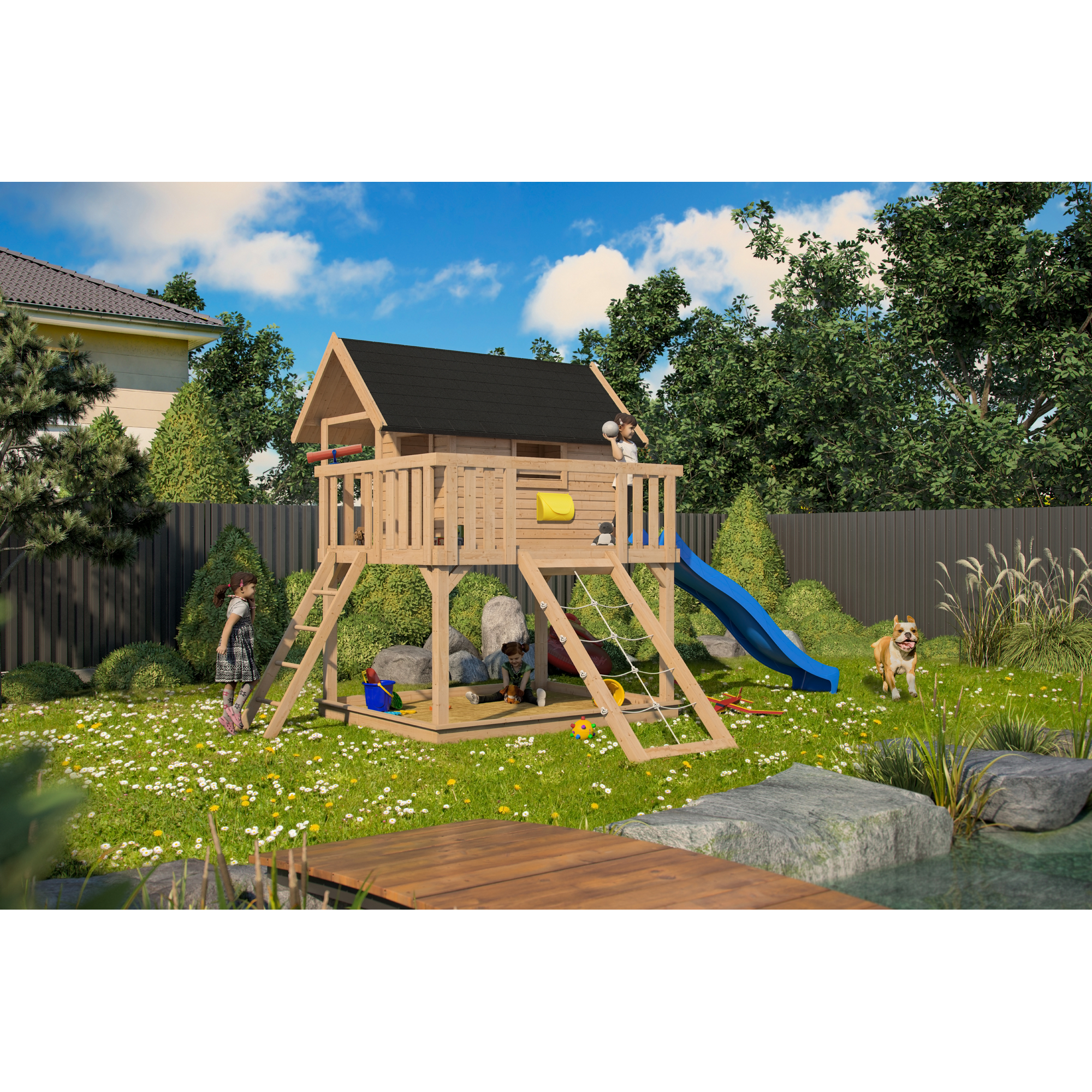 Karibu Stelzenhaus 'Karlie' naturbelassen mit Rutsche blau, Netzrampe 198 x 485 x 329,5 cm