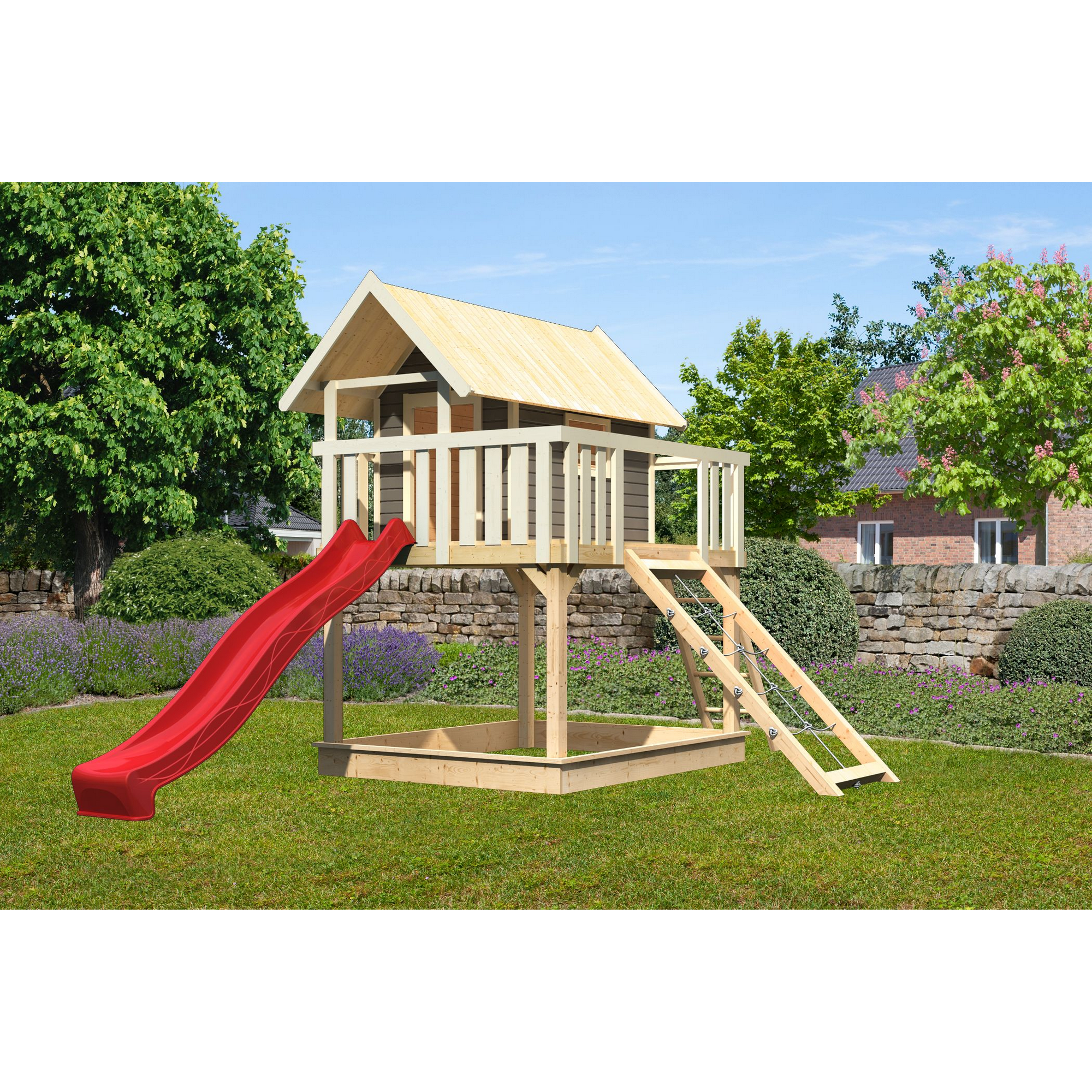 Karibu Stelzenhaus 'Karlie' terragrau mit Rutsche rot, Netzrampe 198 x 485 x 329,5 cm