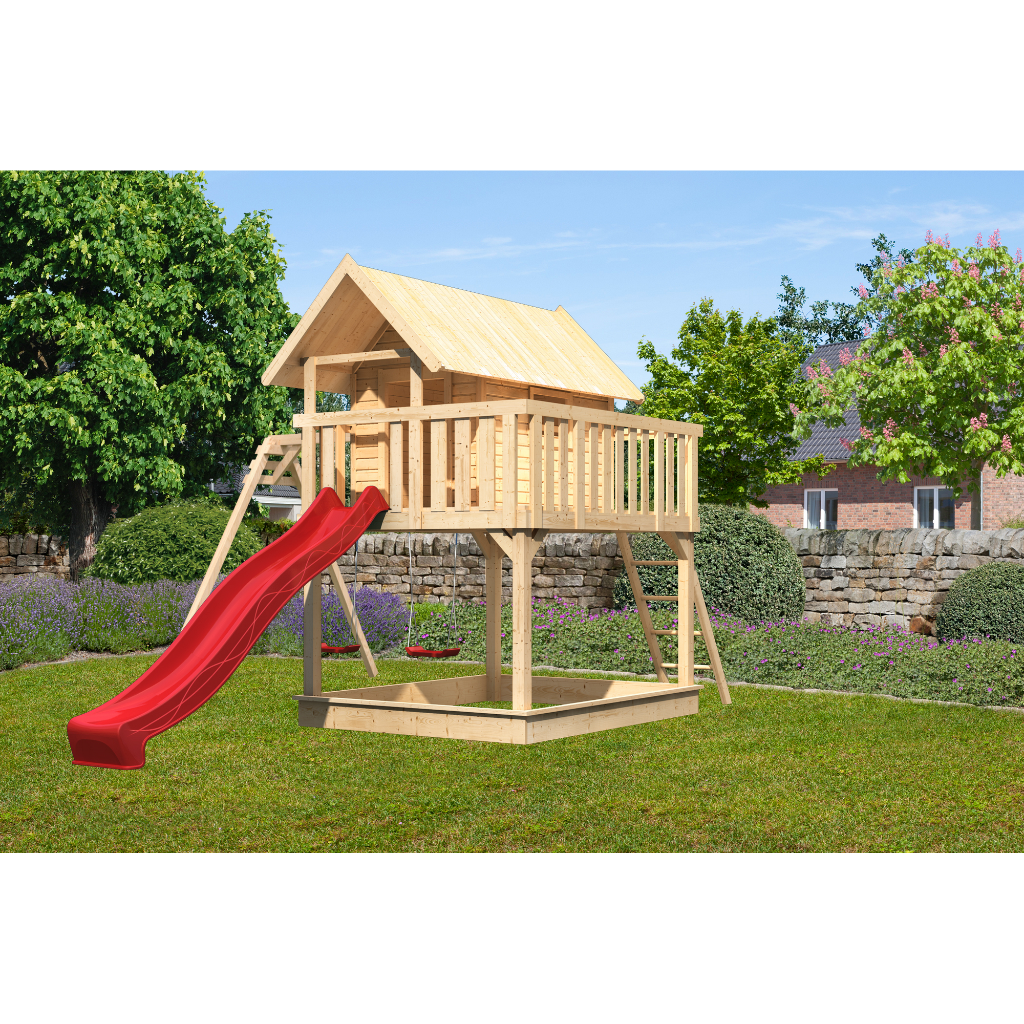 Karibu Stelzenhaus 'Karlie' naturbelassen mit Doppelschaukel, Rutsche rot 438 x 485 x 329,5 cm
