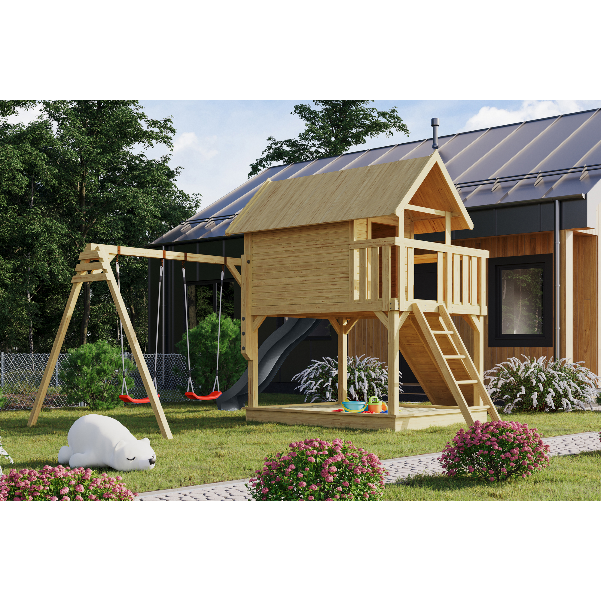 Karibu Stelzenhaus 'Karlie' naturbelassen mit Doppelschaukel, Rutsche anthrazit 438 x 485 x 329,5 cm