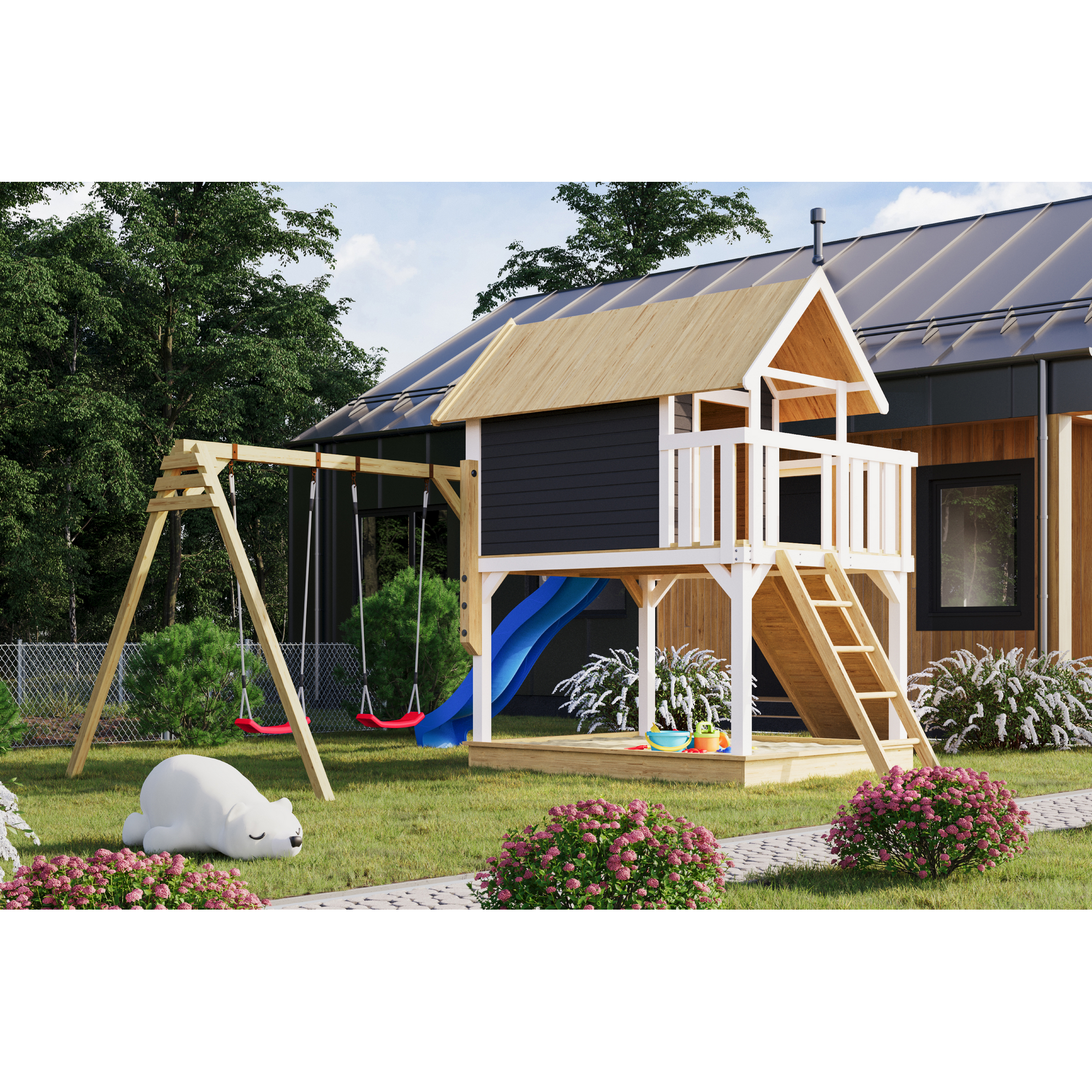 Karibu Stelzenhaus 'Karlie' terragrau mit Doppelschaukel, Rutsche blau 438 x 485 x 329,5 cm