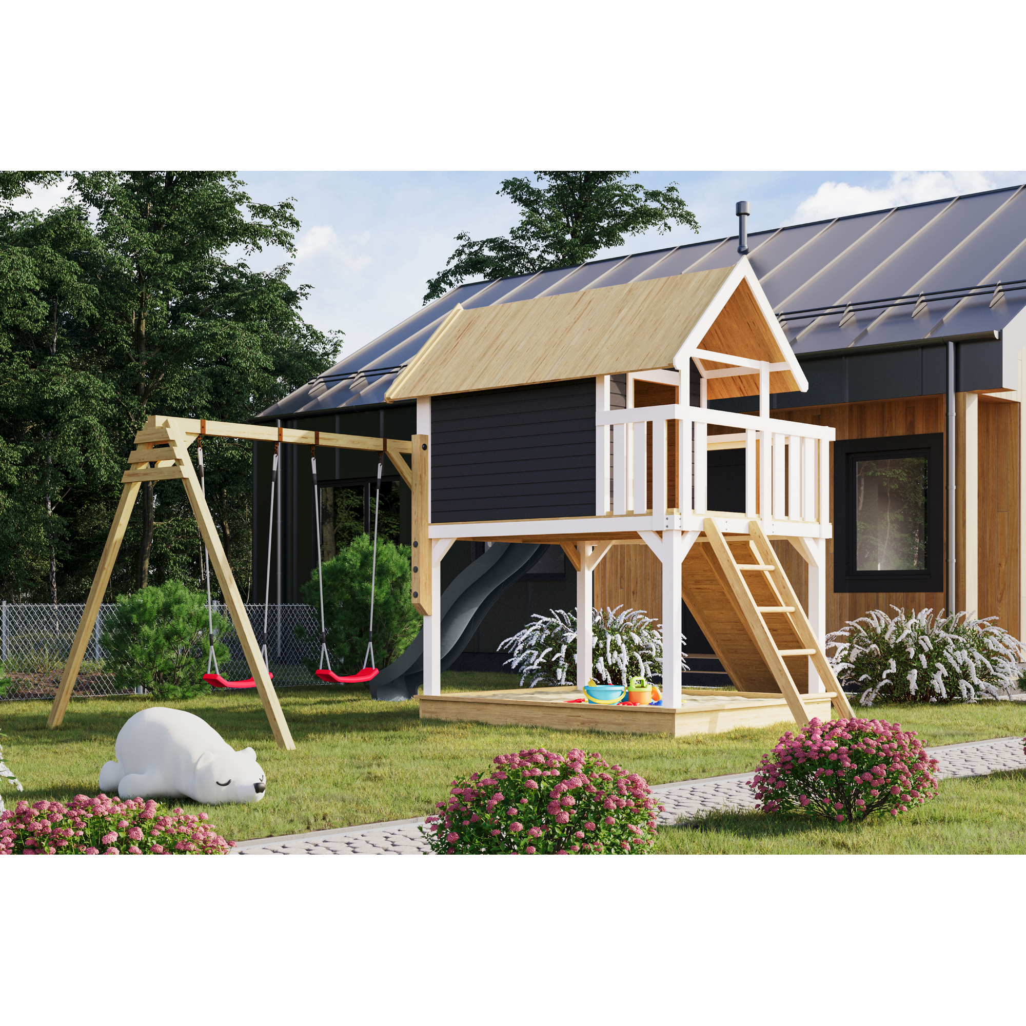 Karibu Stelzenhaus 'Karlie' terragrau mit Doppelschaukel, Rutsche anthrazit 438 x 485 x 329,5 cm