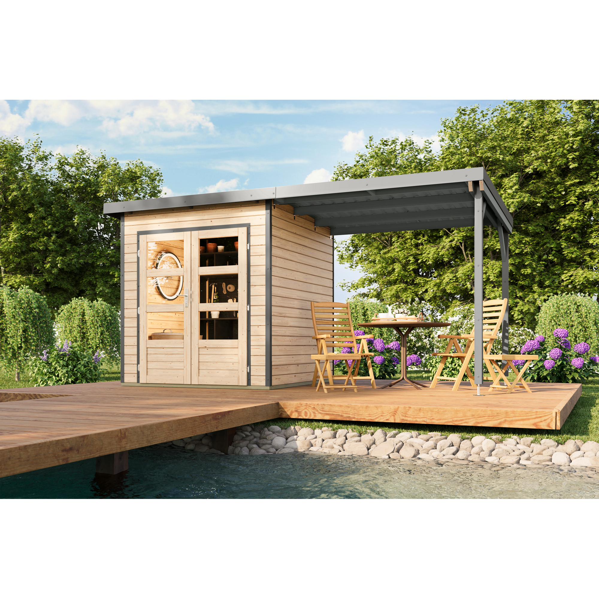 Karibu Gartenhaus-Set 'Meteor 1 A' Fichtenholz naturbelassen/graualuminium428 x 219 x 200,5 cm