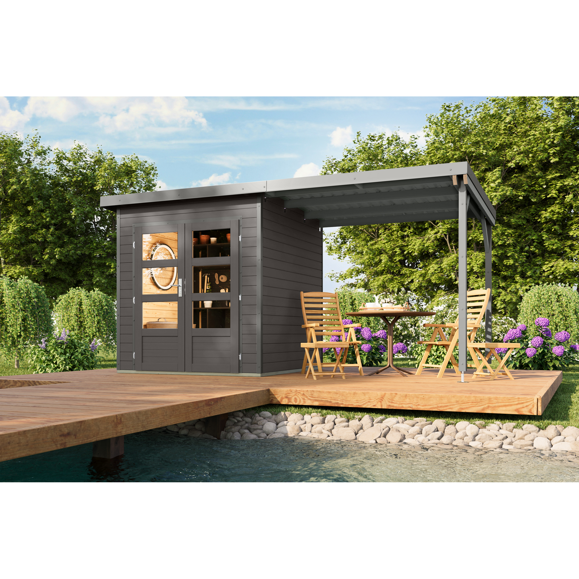 Karibu Gartenhaus-Set 'Meteor 1 B' Fichtenholz terragrau/graualuminium 428 x 219 x 200,5 cm