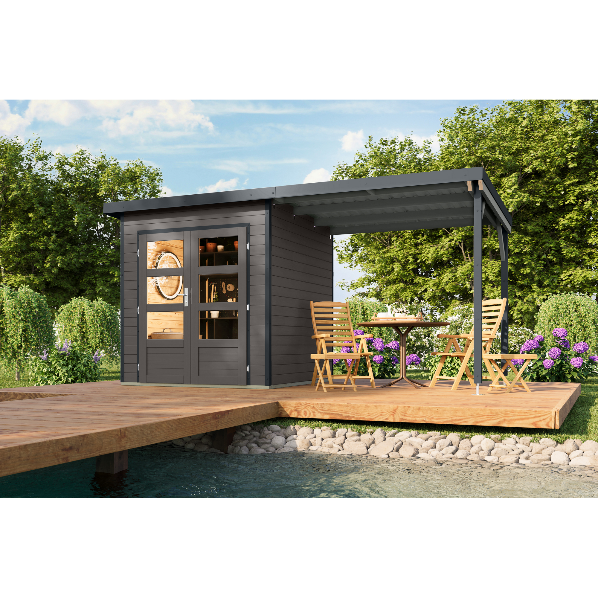 Karibu Gartenhaus-Set 'Meteor 1 B' Fichtenholz terragrau/anthrazit 428 x 219 x 200,5 cm