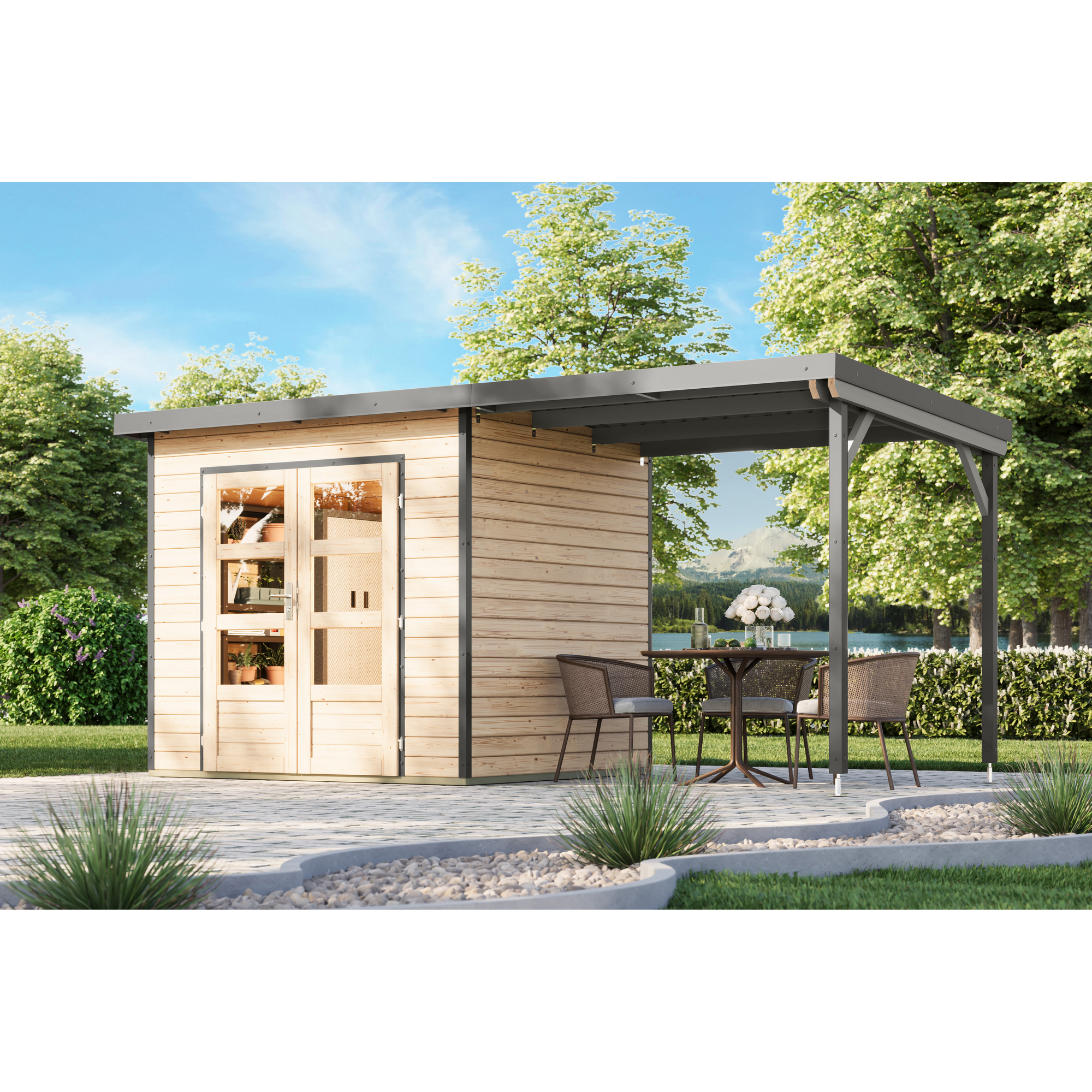 Karibu Gartenhaus-Set 'Meteor 2 A' Fichtenholz naturbelassen/graualuminium 469 x 219 x 200,5 cm