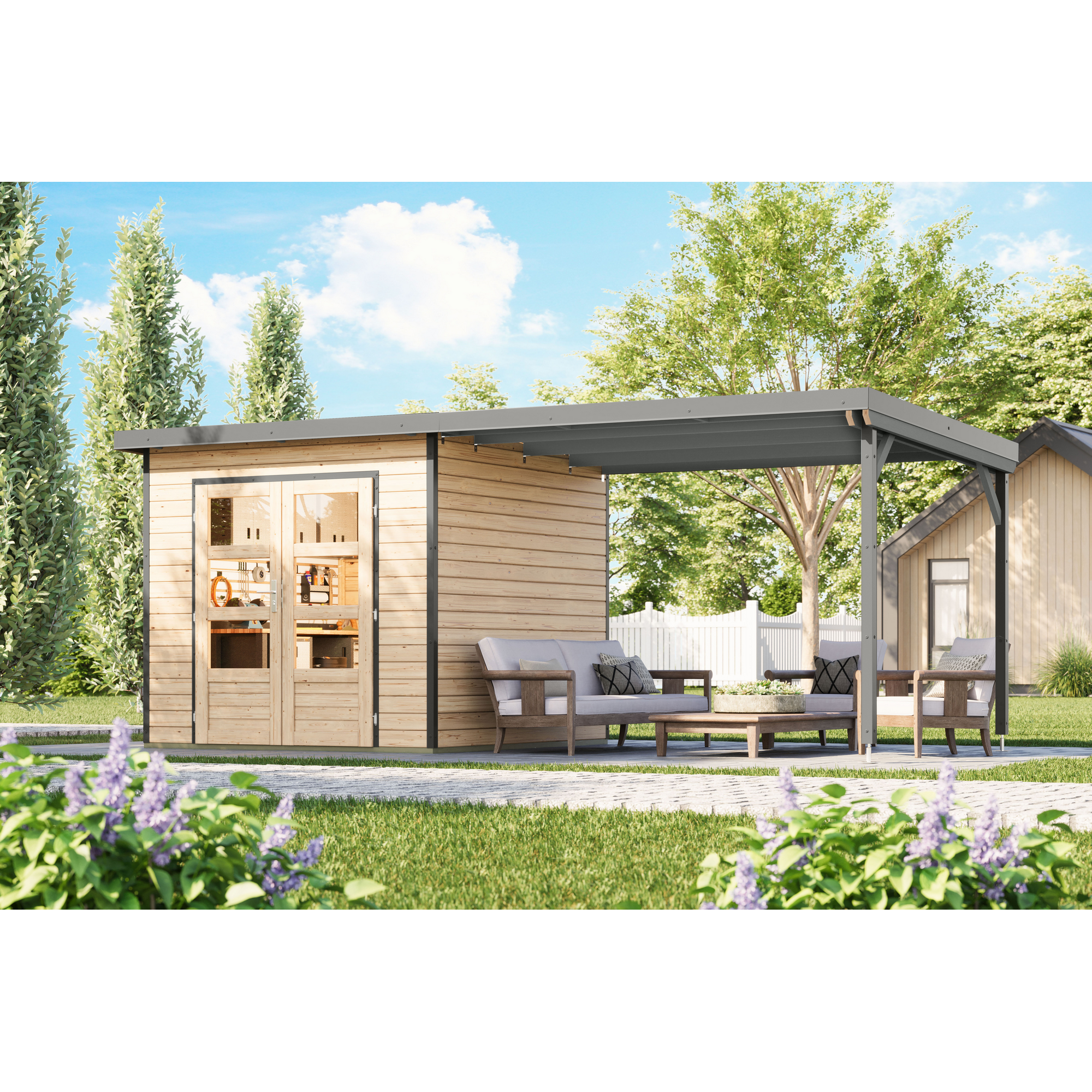 Karibu Gartenhaus-Set 'Meteor 3 A' Fichtenholz naturbelassen/graualuminium 544 x 219 x 240,5 cm