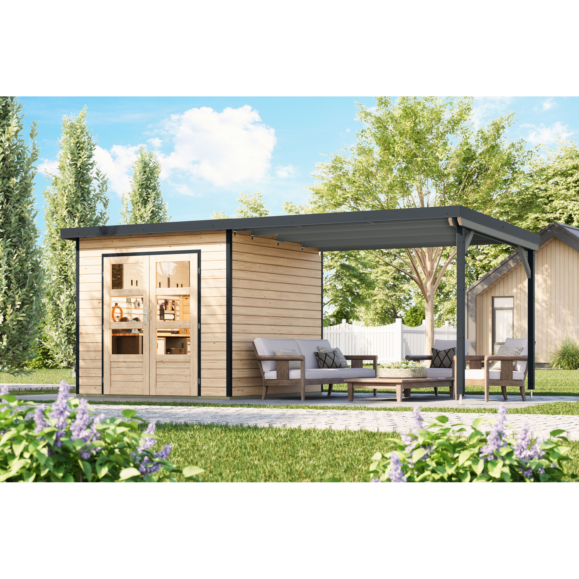 Karibu Gartenhaus-Set 'Meteor 3 A' Fichtenholz naturbelassen/anthrazit 544 x 219 x 240,5 cm
