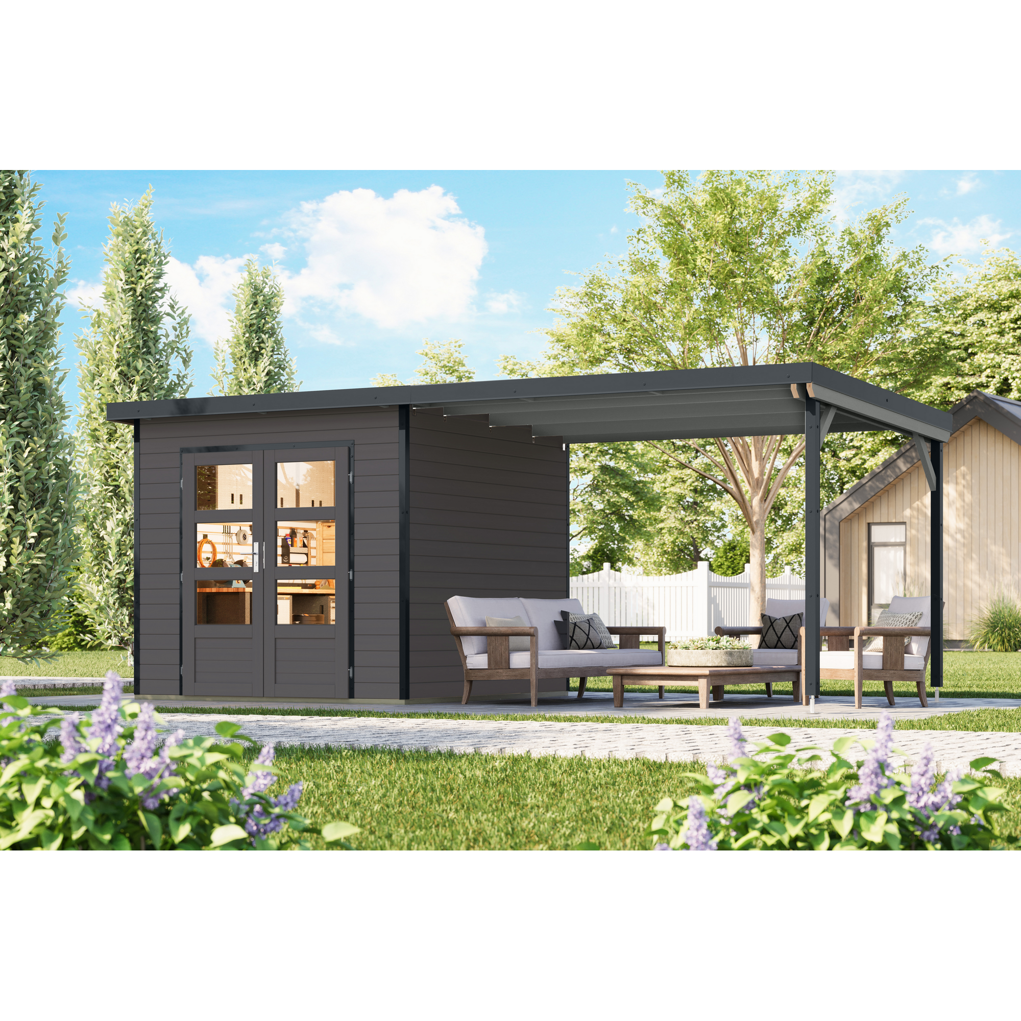Karibu Gartenhaus-Set 'Meteor 3 B' Fichtenholz terragrau/anthrazit 544 x 219 x 240,5 cm