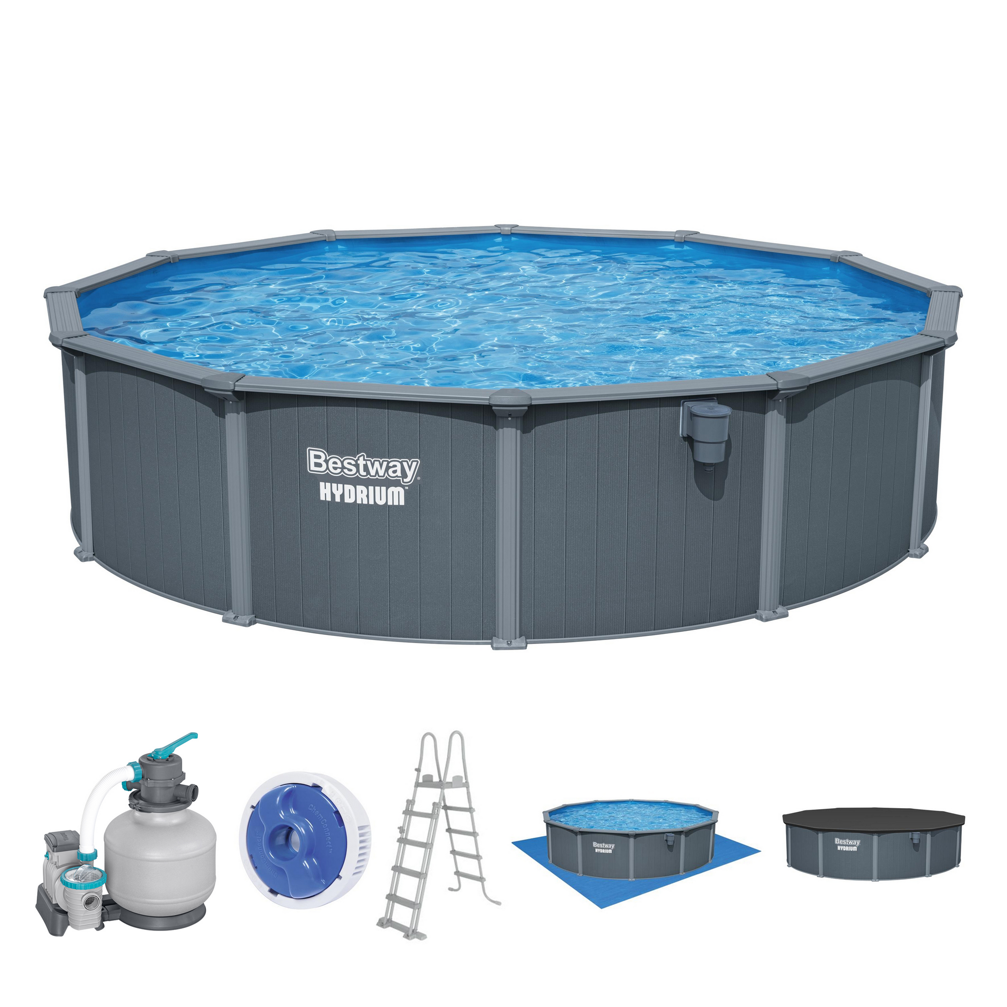 Bestway Stahlwandpool Komplett-Set 'Hydrium™' mit Sandfilteranlage rund Holz-Optik grau Ø 549 x 132 cm