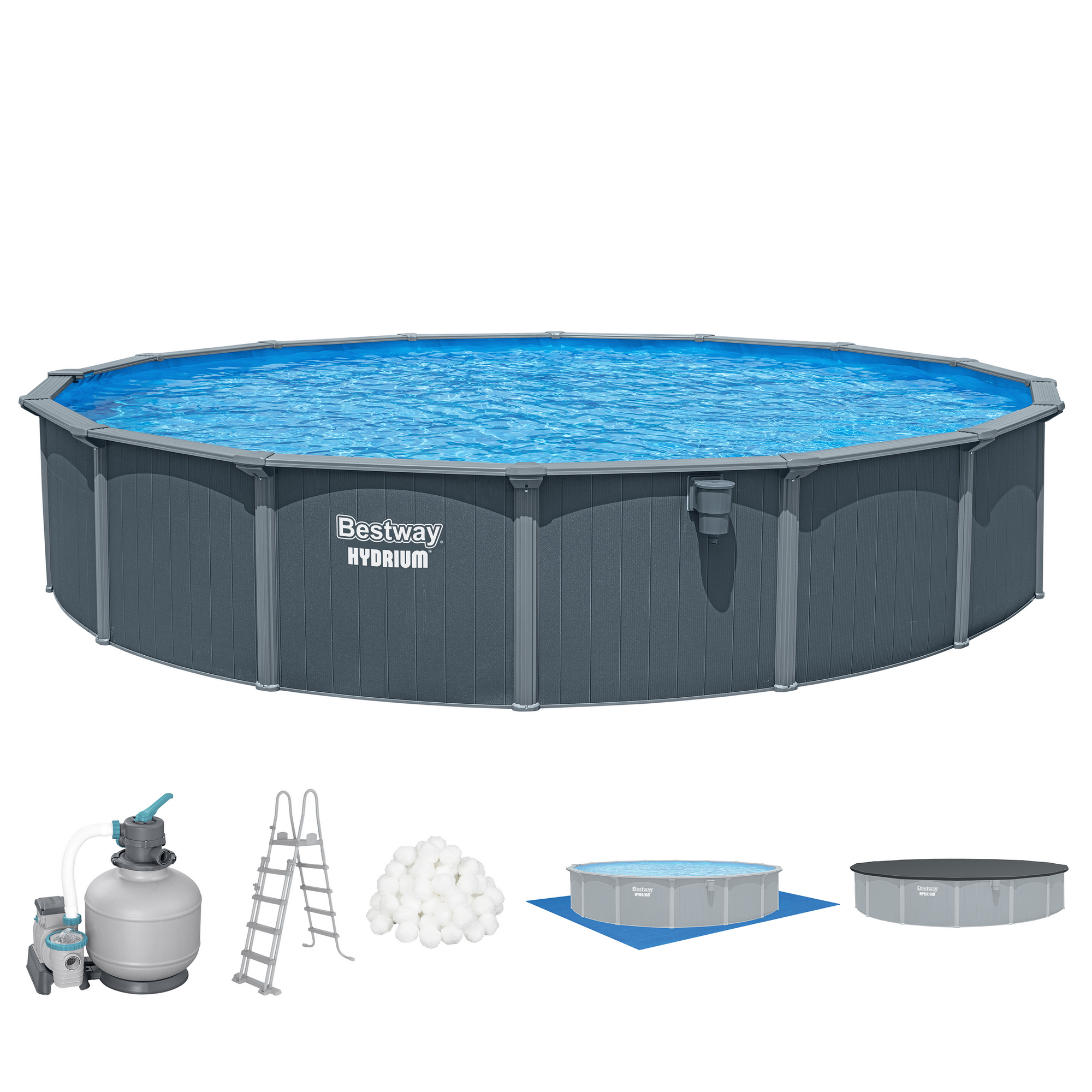 Bestway Stahlwandpool Komplett-Set 'Hydrium™' mit Sandfilteranlage rund Holz-Optik grau Ø 732 x 132 cm