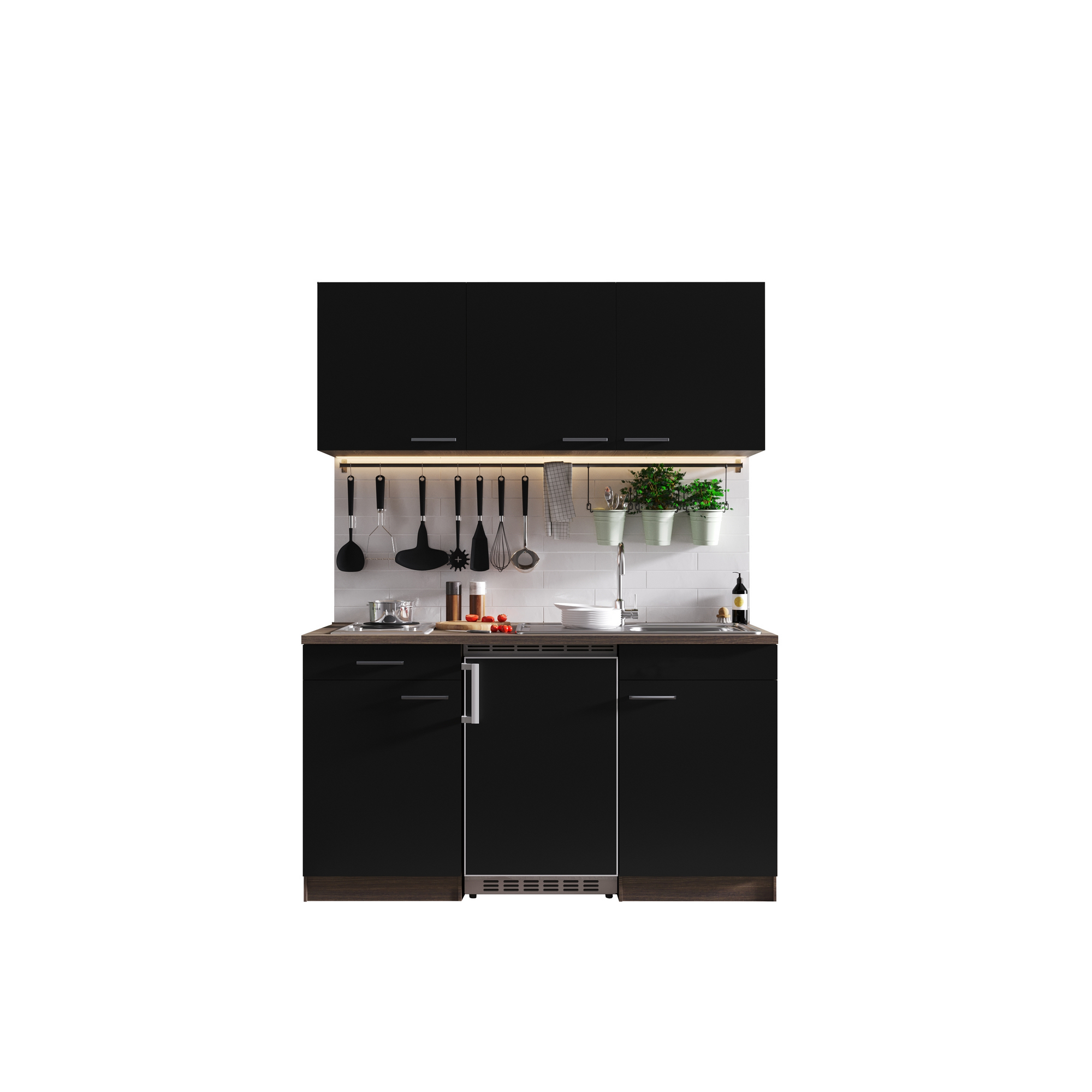 Respekta Küchenzeile 'Oliver' mit E-Geräten schwarz/eichefarben 150 cm