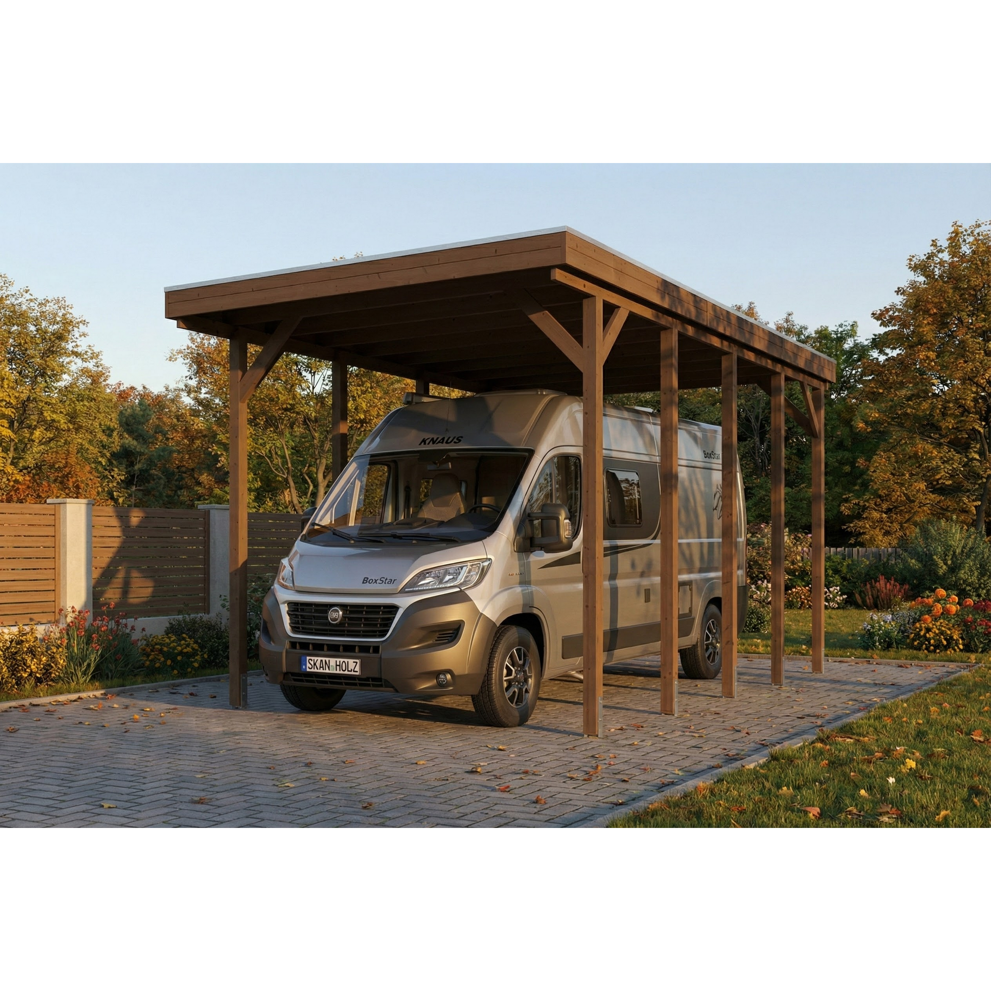 SKAN HOLZ Caravan-Carport 'Friesland' nussbaumfarben 402 x 708 cm, mit Stahl-Dachplatten