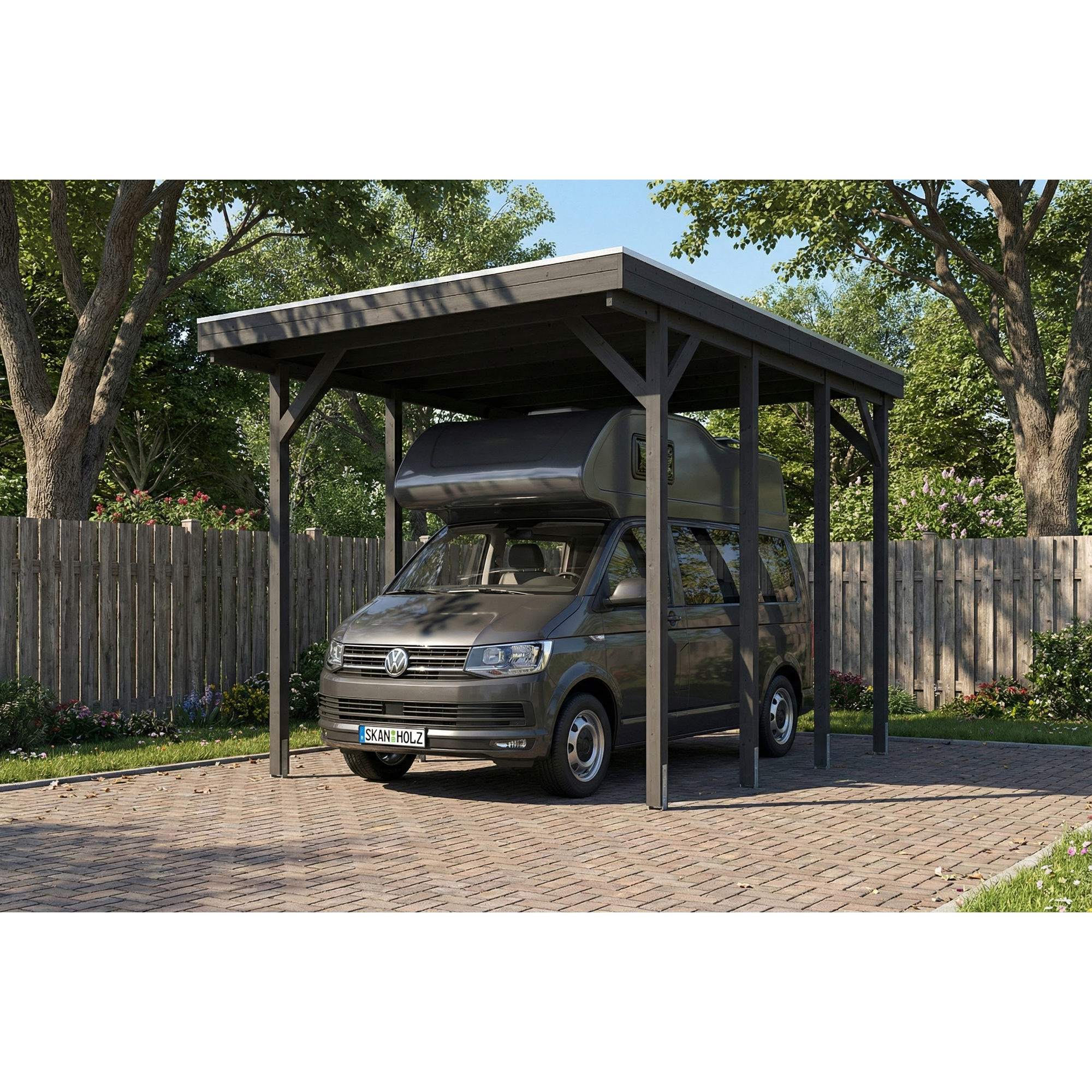 SKAN HOLZ Caravan-Carport 'Friesland' schiefergrau 402 x 555 cm mit Stahl-Dachplatten