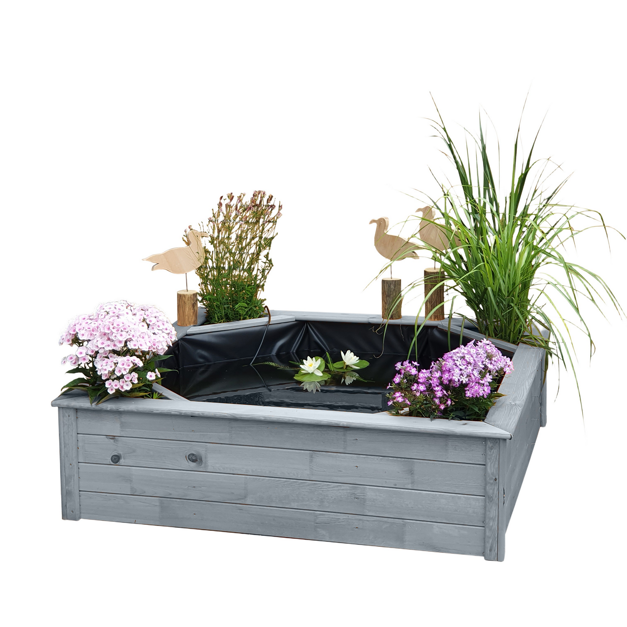 Kiehn-Holz Hochteich mit 4 seitlichen Pflanzzonen grau 144 x 40 x 144 cm