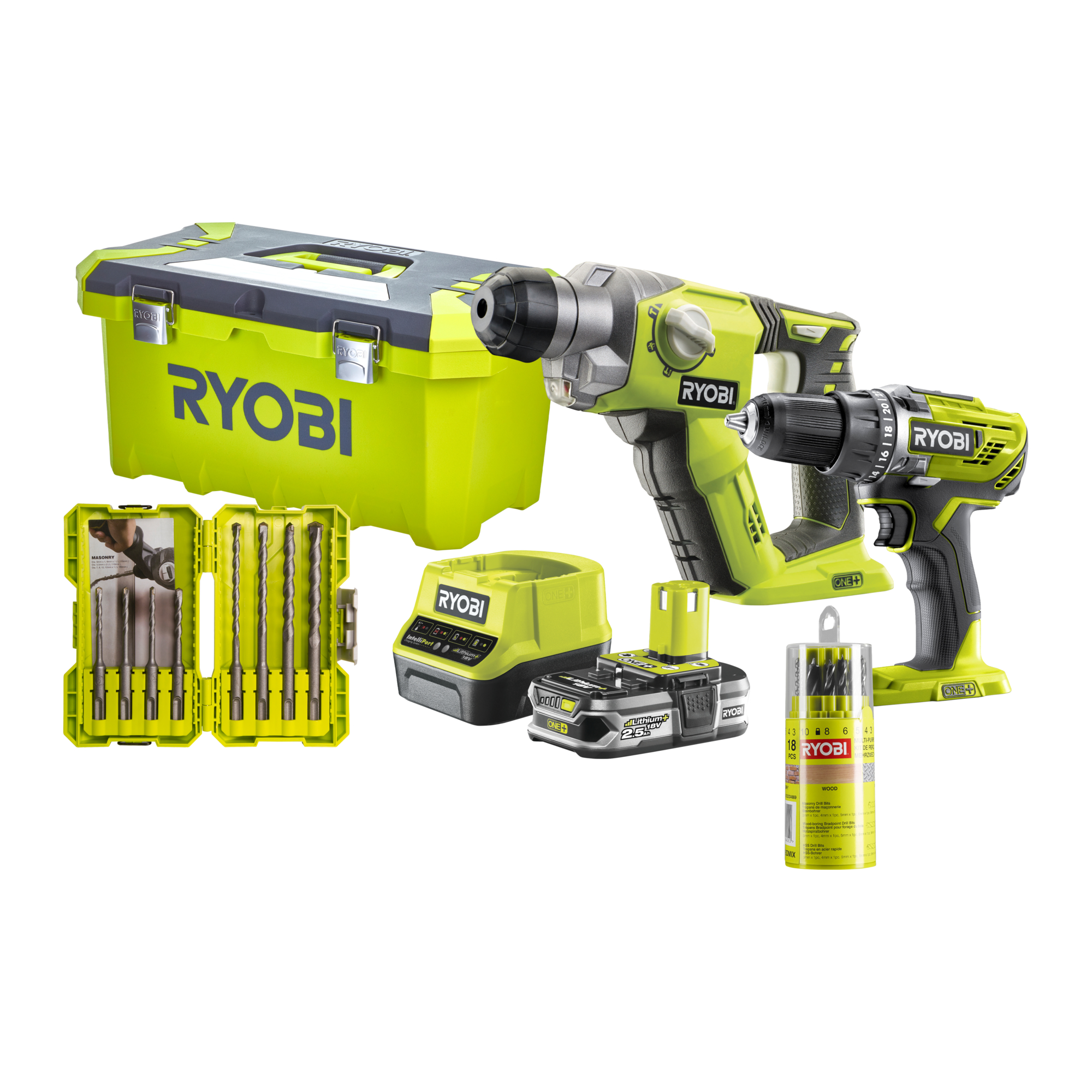 Ryobi Akku-Maschinen-Set 'ONE+ R18DDSDS-125T' 18 V Akku-Bohrschrauber und -Bohrhammer, inkl. Akku und Ladegerät