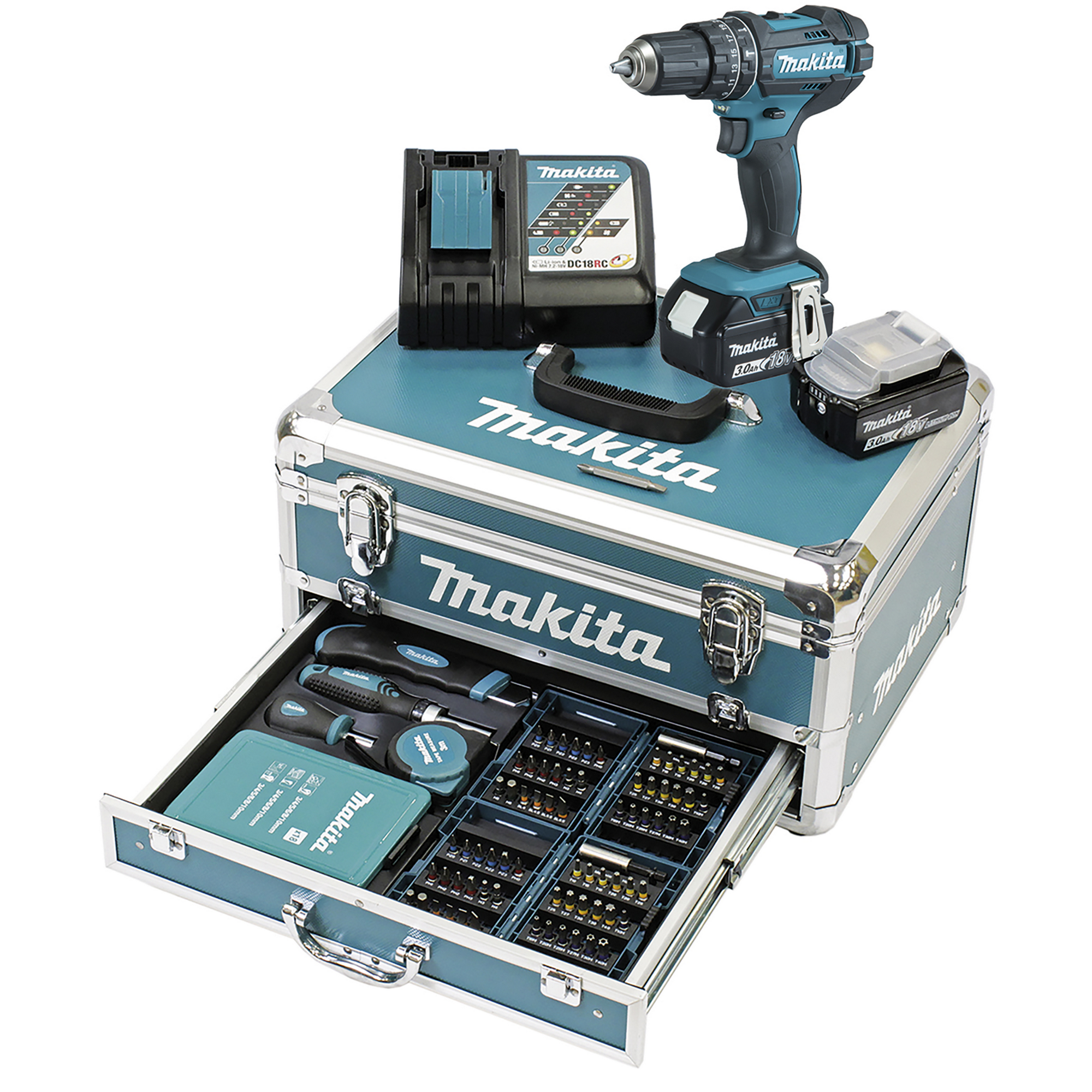 Makita Akku-Schlagbohrschrauber-Set 'DHP482RFX9' 18 V mit 2 x 3,0 AH Akku und Ladegerät 96-teilig