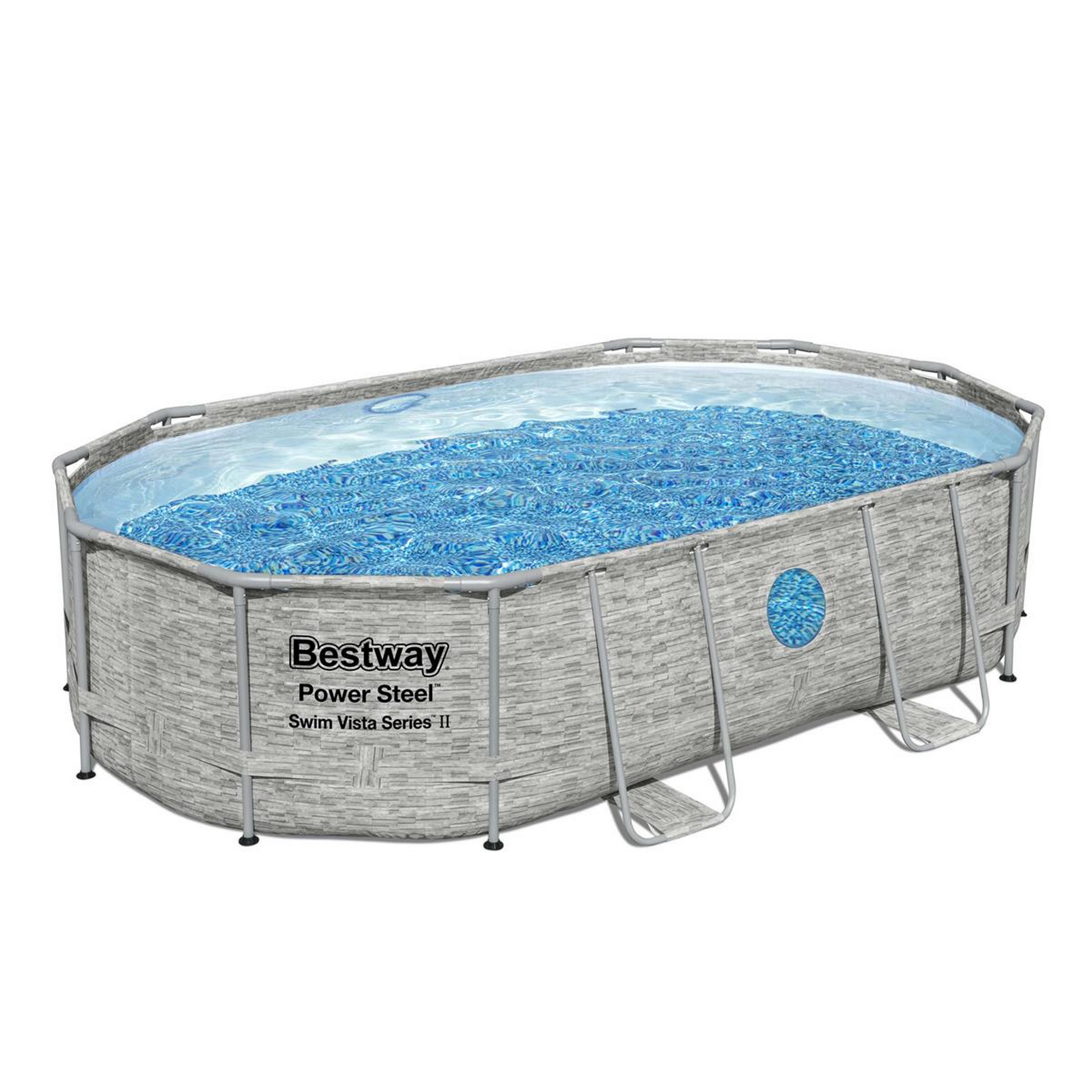 Bestway Aufstellpool 'Power Steel™ Swim Vista Series™' Komplett-Set mit Sandfilteranlage cremegrau Steinwand-Optik oval 488 x 305 x 107 cm