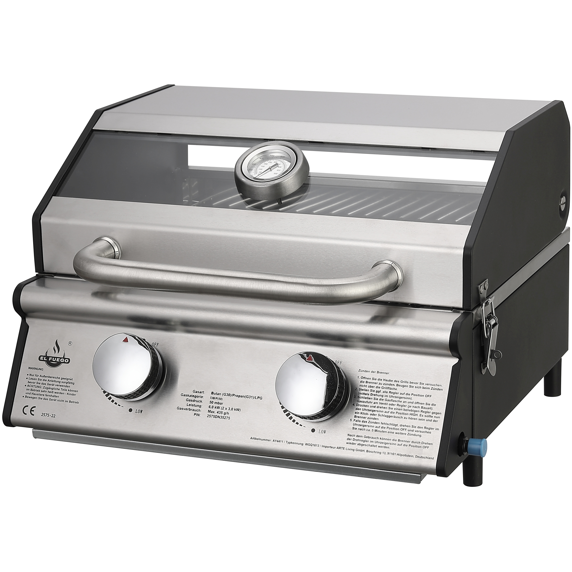 El Fuego Gasgrill 'Jesolo' silbern 47,5 x 31,3 x 43,2 cm