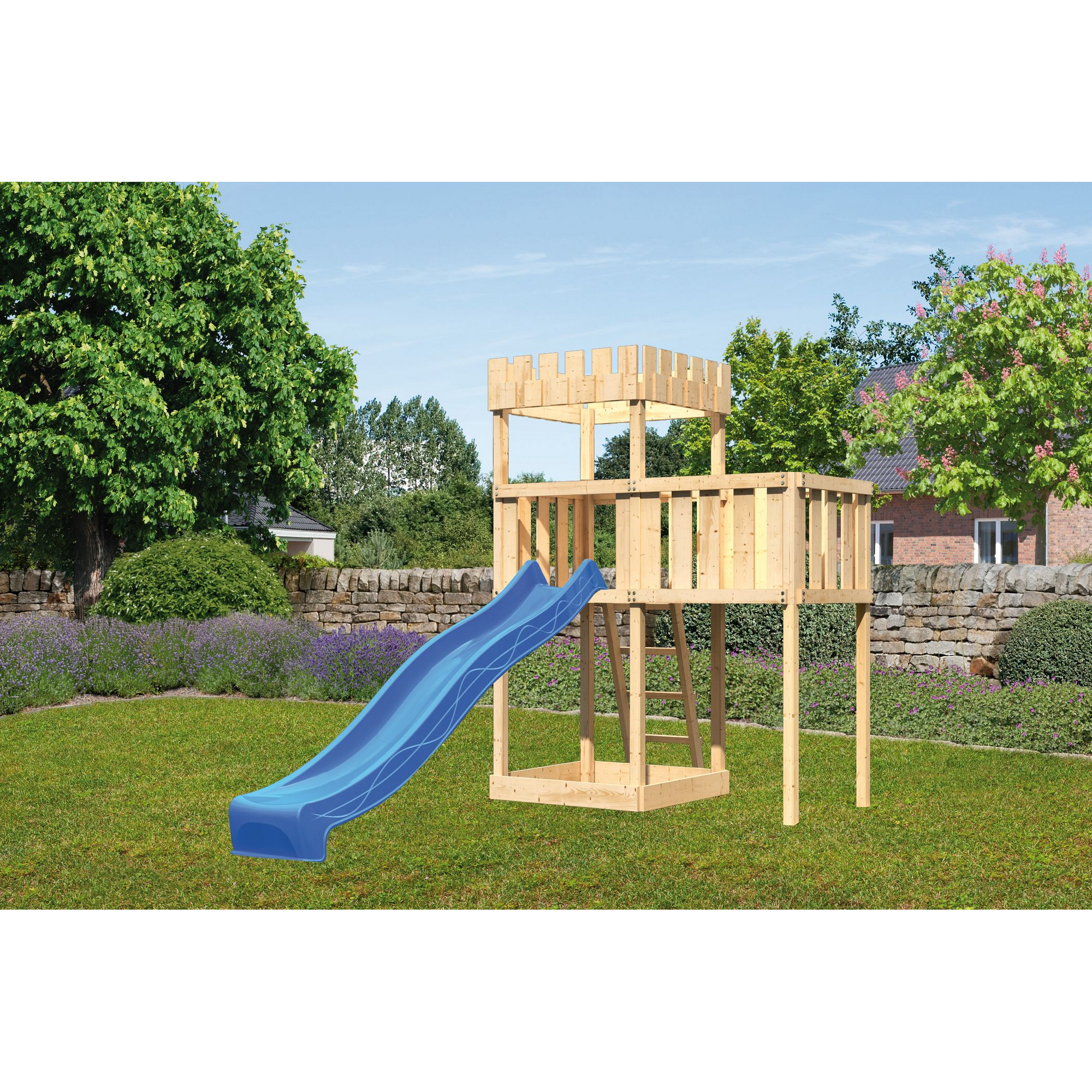 Akubi Spielturm 'Ritterburg Löwenherz' Anbauplattform, Rutsche blau, 214 x 107 x 259,5 cm