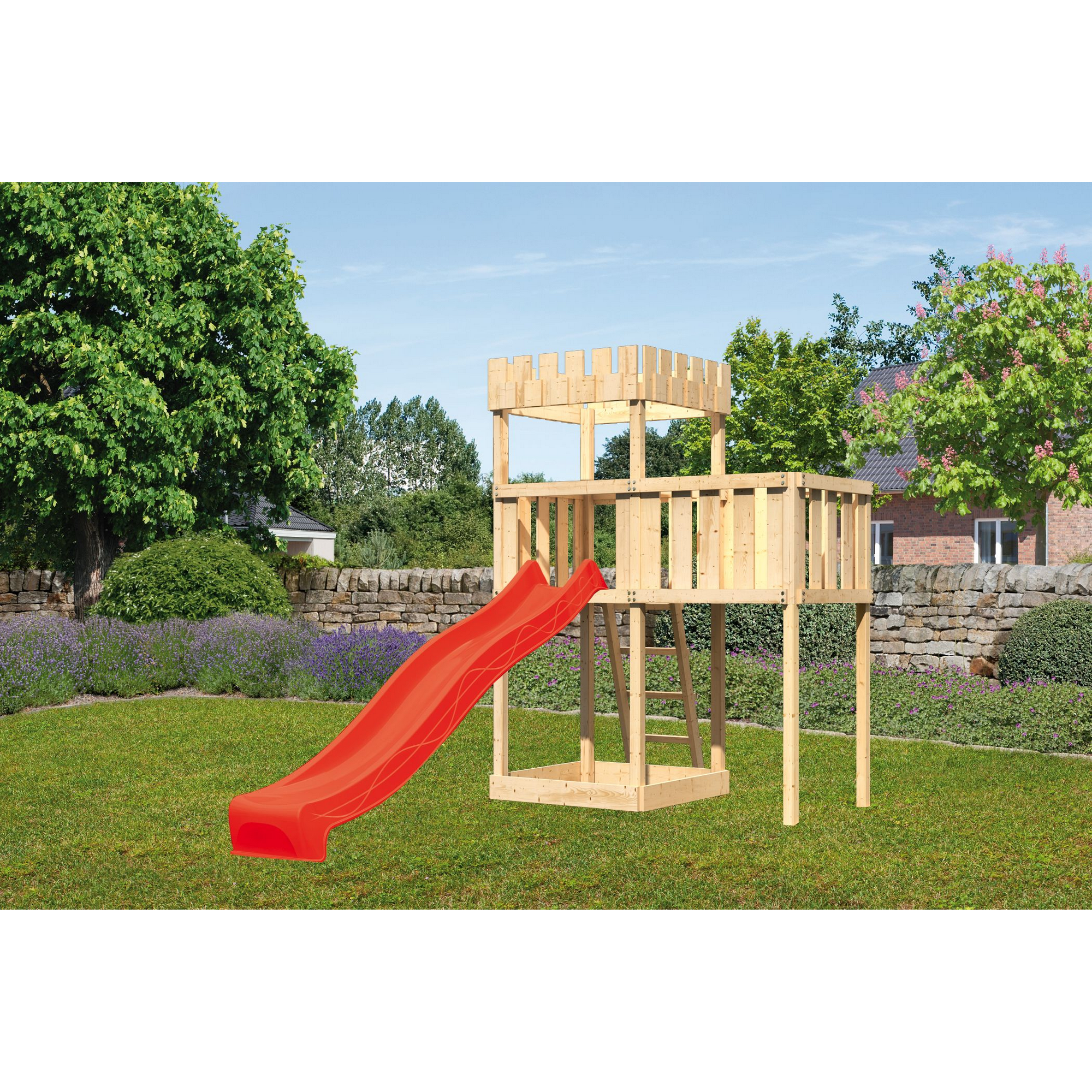 Akubi Spielturm 'Ritterburg Löwenherz' Anbauplattform, Rutsche rot, 214 x 107 x 259,5 cm