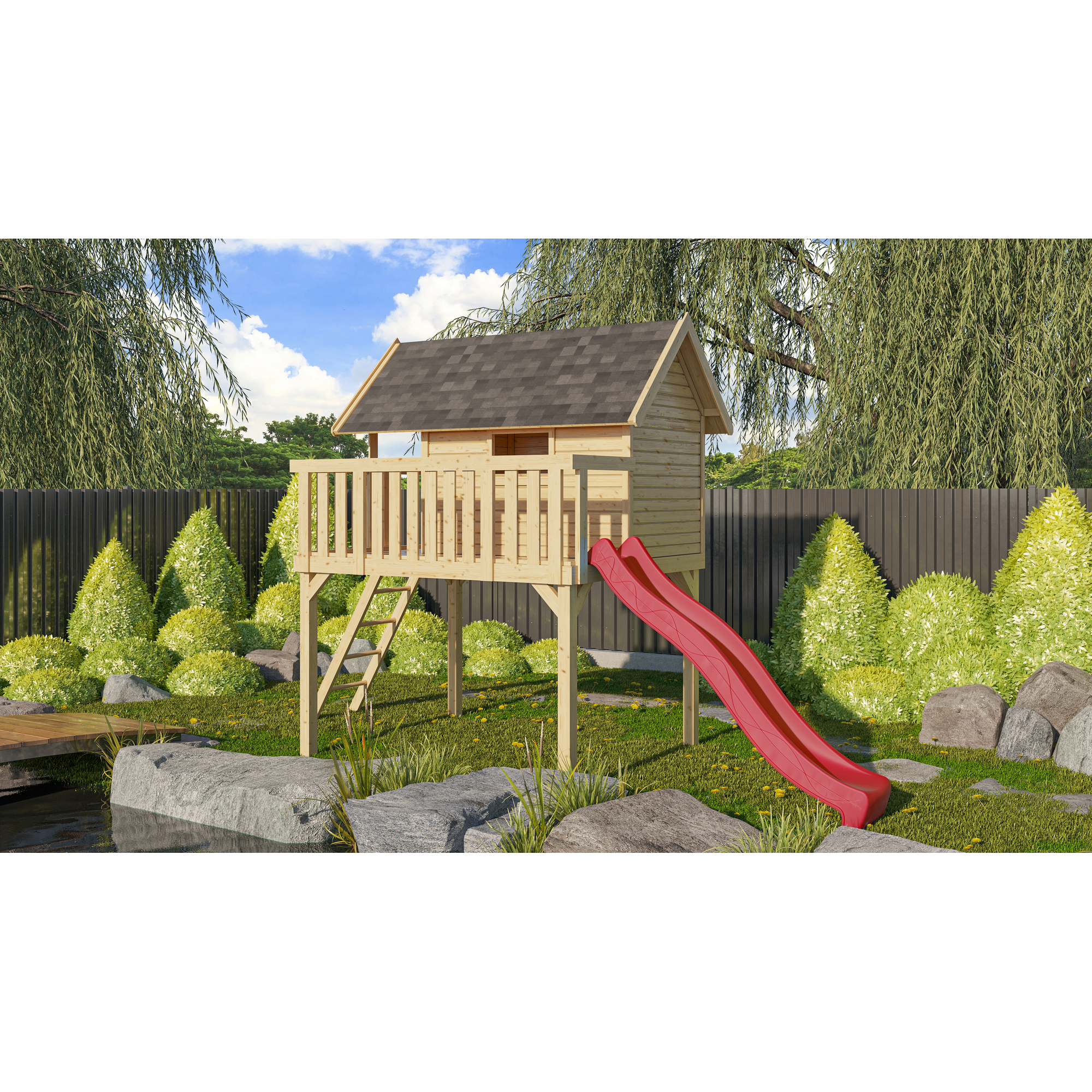 Akubi Stelzenhaus 'Fidel' Wellenrutsche rot, 198 x 244 x 325 cm