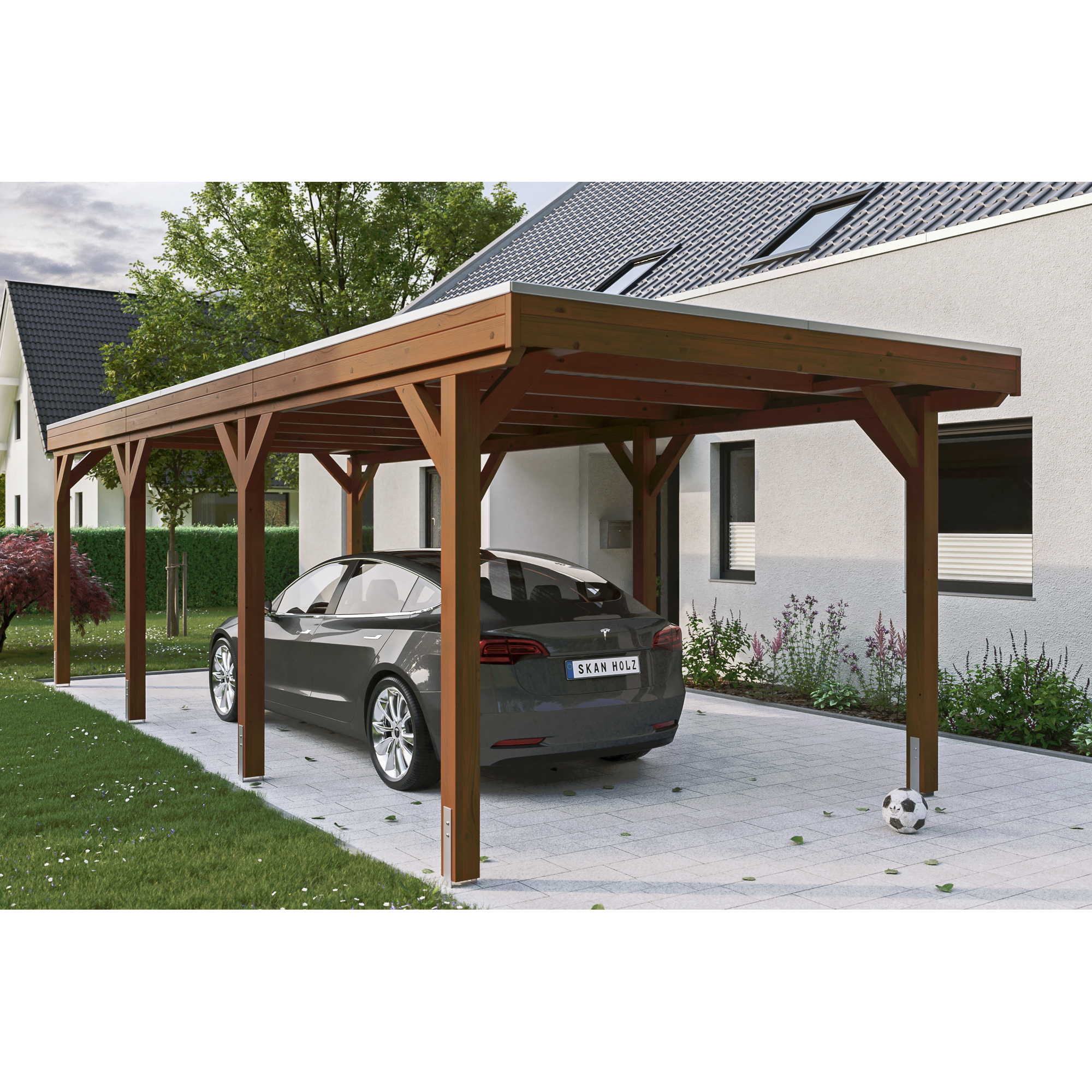 SKAN HOLZ Carport 'Grunewald' nussbaumfarben mit Aluminiumdach 321 x 796 cm